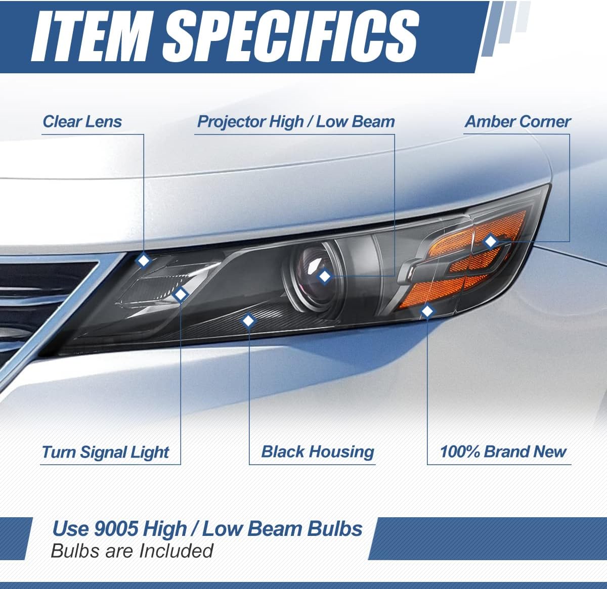 Auto Dynasty Headlights Assembly Compatible with 2014-2020 Chevrolet Impala, Driver and Passenger Side Halogen Headlamps Replacement, Black Housing Amber Corner