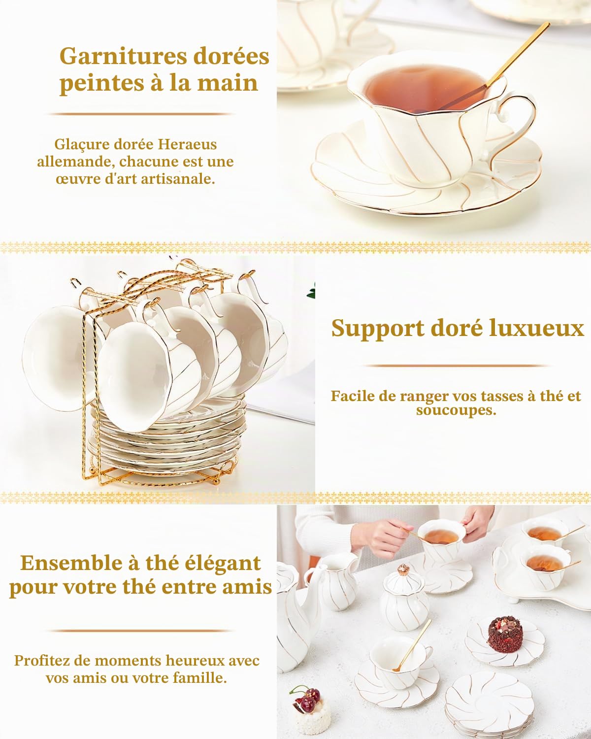 DUJUST Service à thé 22 pièces en porcelaine blanche pour 6 personnes, ensemble de tasses à thécafé de luxe de style britannique avec bordure dorée, beau service à thé pour femme, ensemble de thé,