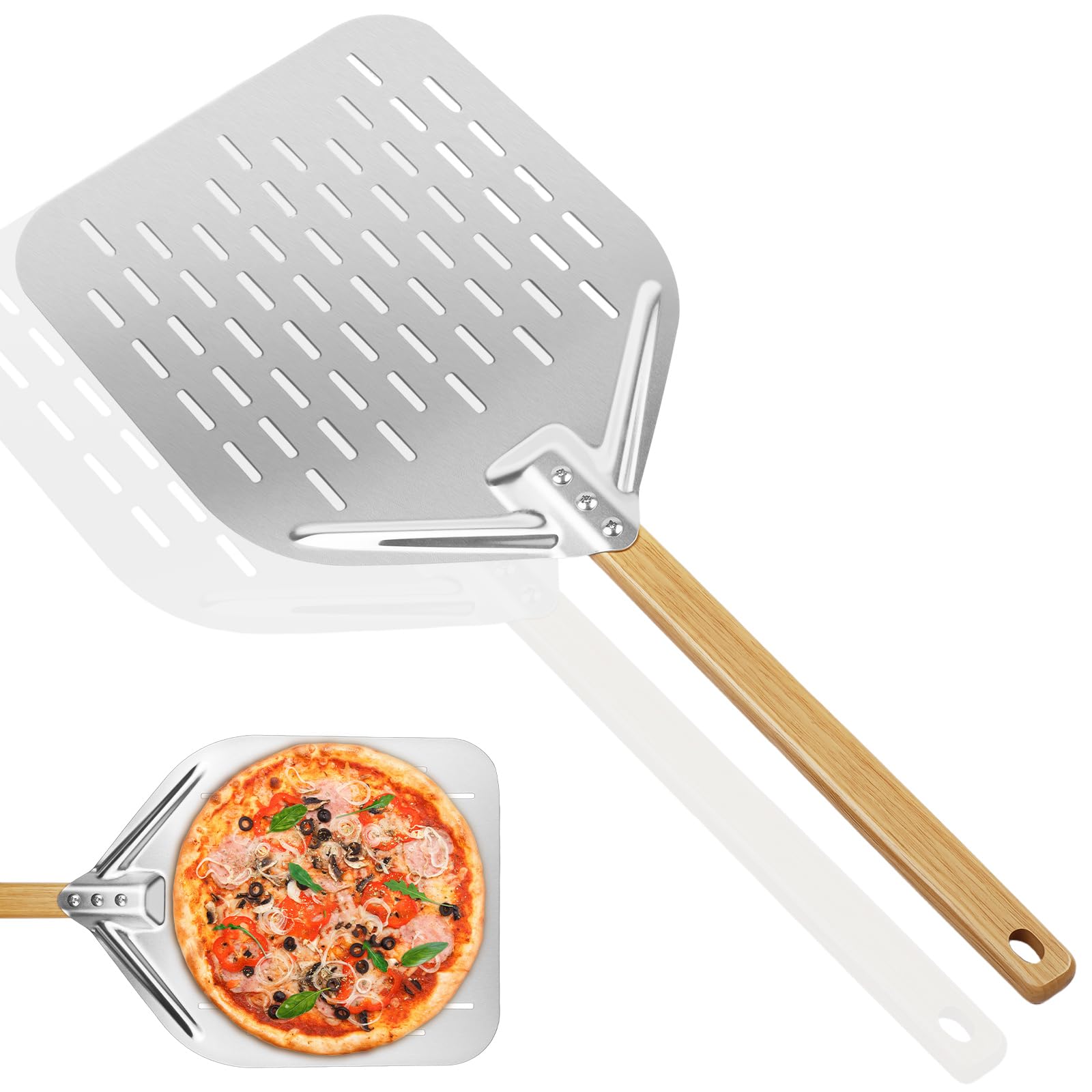 Pizzaschieber Perforiert, Silbrig 12 Zoll Pizzaschieber 39,5 * 30 cm, Pizza Schieber Aluminiumlegierung Pizzaschaufel, Profi Pizzaschaufel mit Großer Fläche & Abnehmbaren