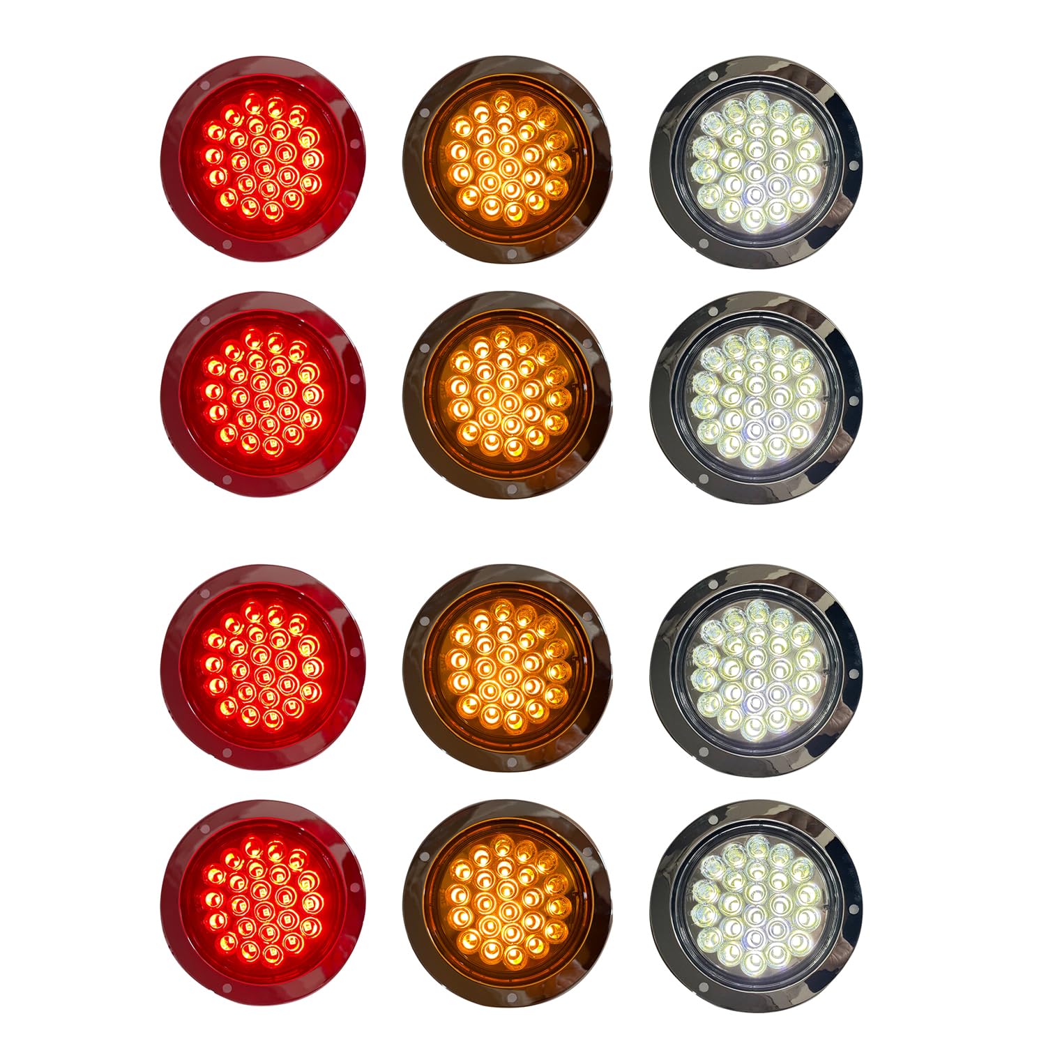 12PCS Universal 4" LED Round Stop Turn Tail Brake Lights Running Reverse Lamp 12V 24 LED For Truck Trailer Boat Bus Lorry Van caravan, 4* Red 4* White 4* Amber