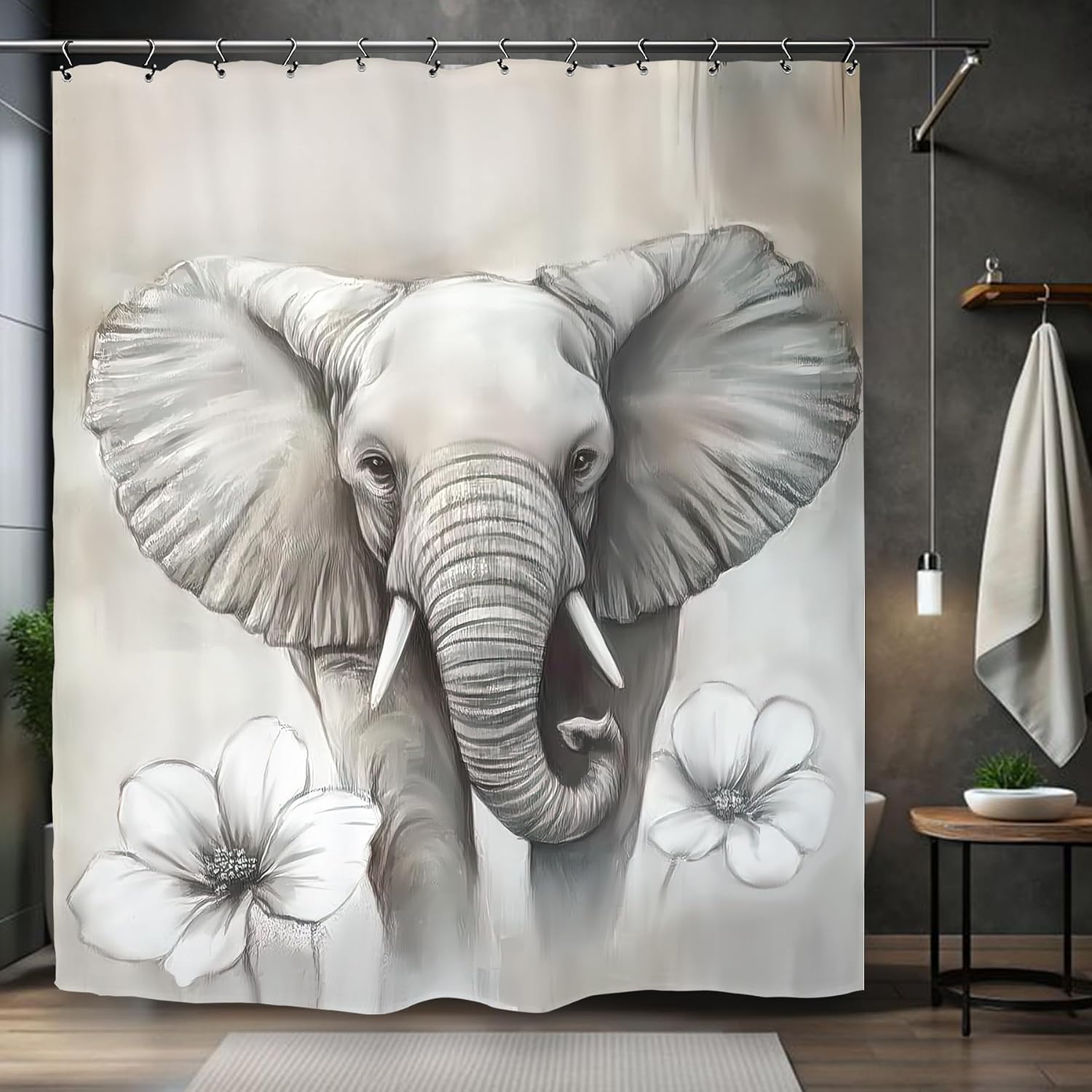 Cute Elephant Shower Curtain 60Wx72L Inch Flower Animal Kids Lovely Bathroom Set Accessories Decor with 12 Pack Hooks image 4