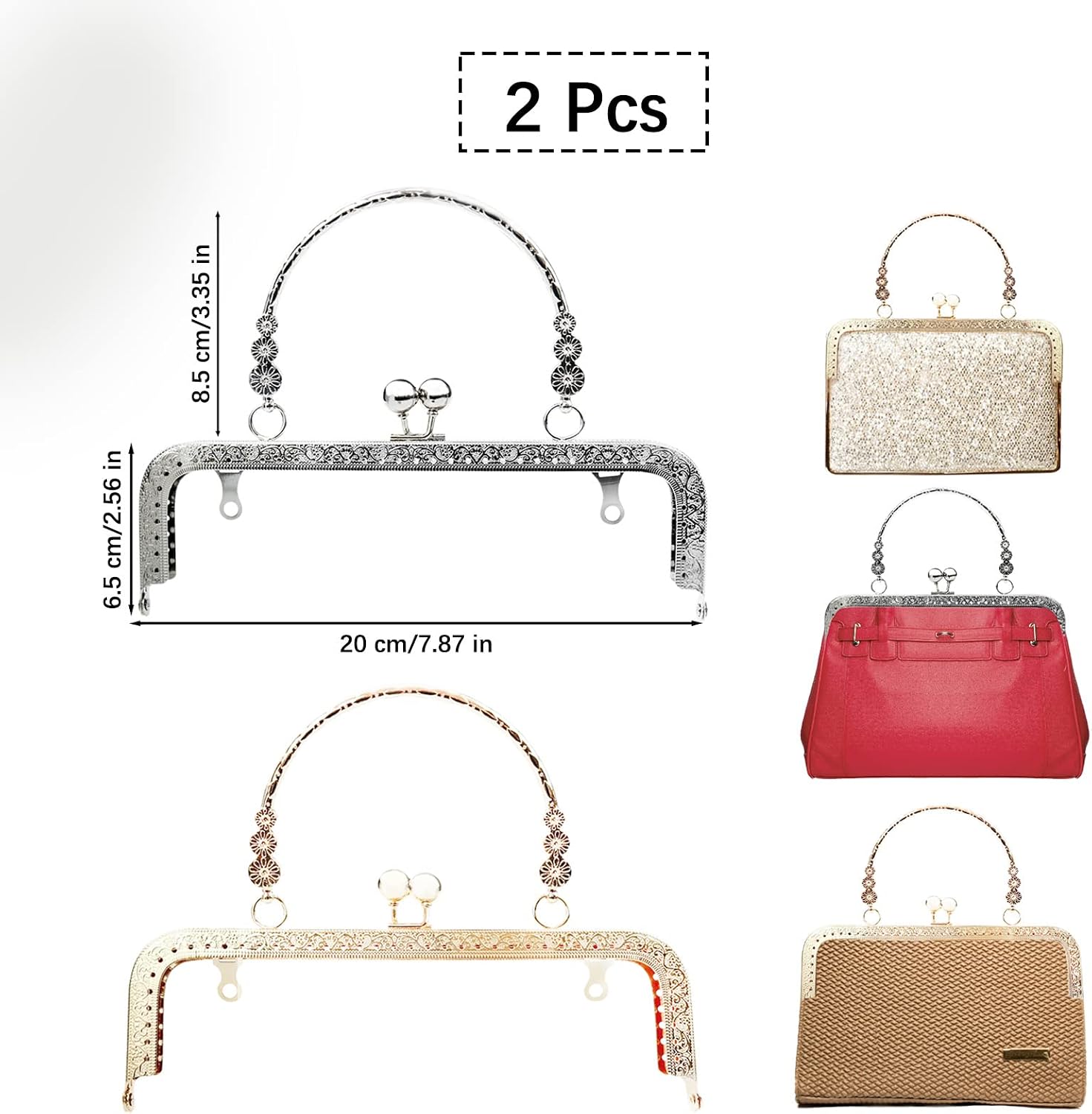 2 PCS Purse Clasp Frame with Handle, Metal Kiss Lock Clasp Frame for Purse Making, Embossed Arch Bag Frame for Handled Bag, Coin Bag, Clutch Bag