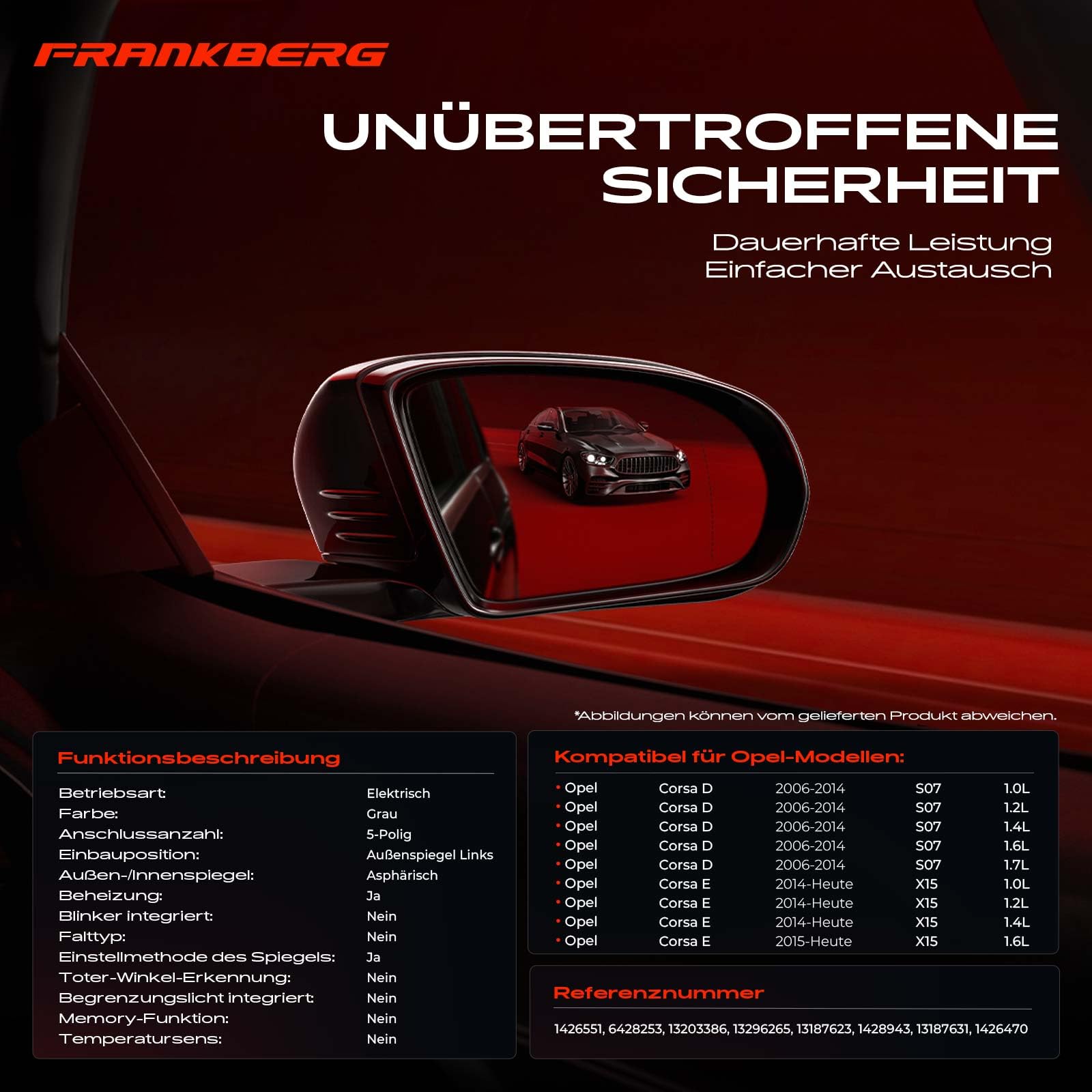 Frankberg Specchietto retrovisore esterno sinistro (lato guidatore) | 1428943, Compatibile con: Corsa D S07, Corsa D Box/Hatchback S07, Corsa E Box/Hatchback X15, Corsa E X15
