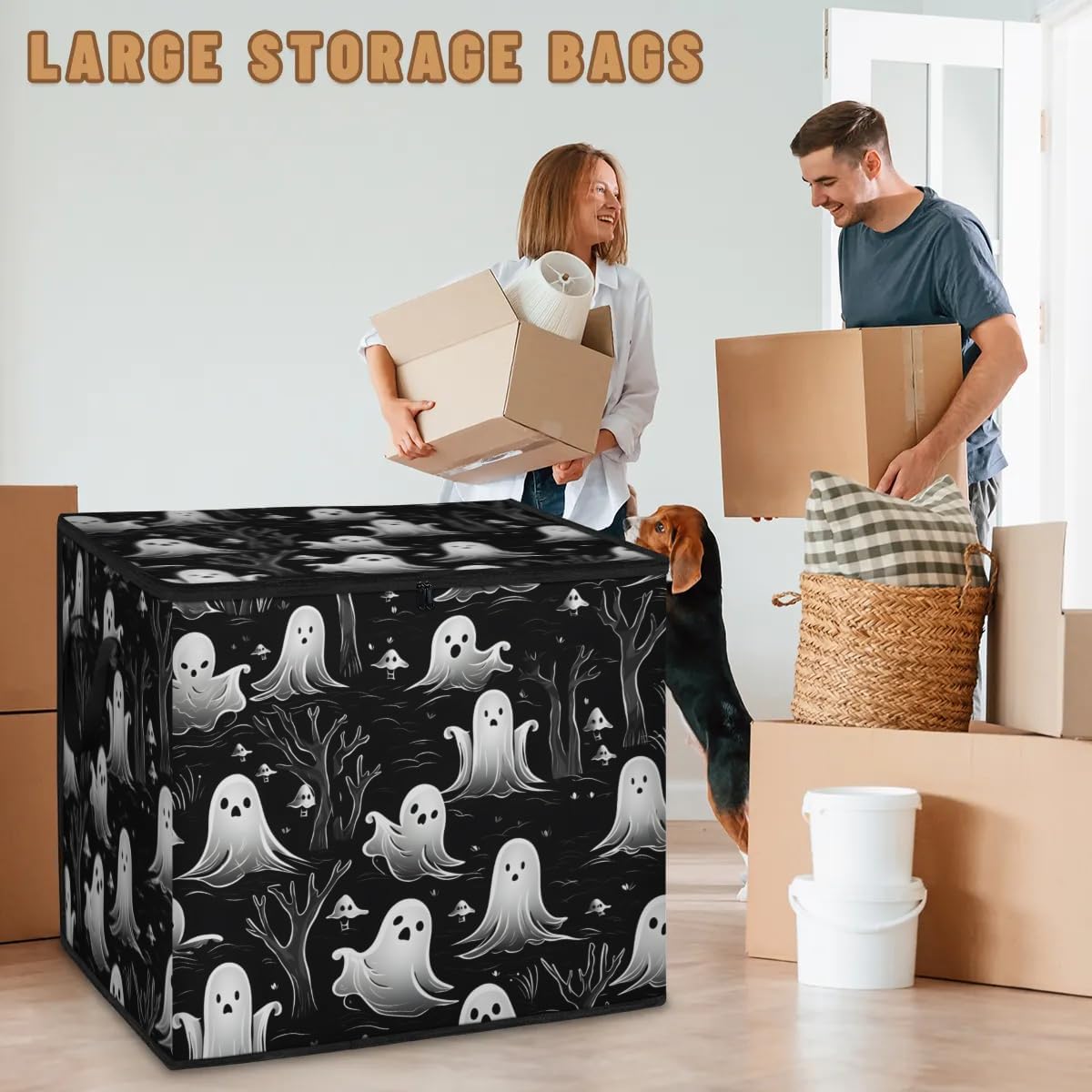 Honeybaby 214L Extra Large Comforter Storage Bag Ghosts Pattern Halloween Storage Totes with Lids Waterproof Closet Organizer Folding Blanket Storage Bags for Clothes Bedding Pillows