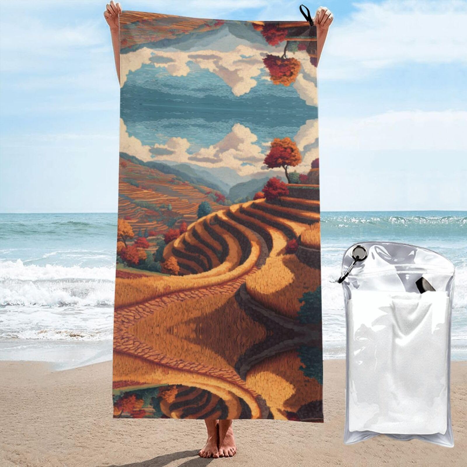 ESNAIUVCD Autumn Rice Fields Print Beach Towel, Microfibre Sauna Towel, Quick-Drying Fitness Towel, Lightweight And Thin Portable Sauna Towel