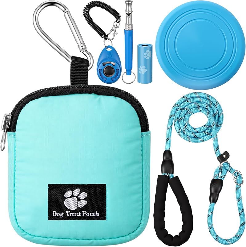 Sadnyy Dog Training Kit Treat Pouch with Clip Pet Training Clicker Silent Whistle Poop Bag 5 ft Leash Flying Disc for Puppy Dog Pet Behavior Aids Trick