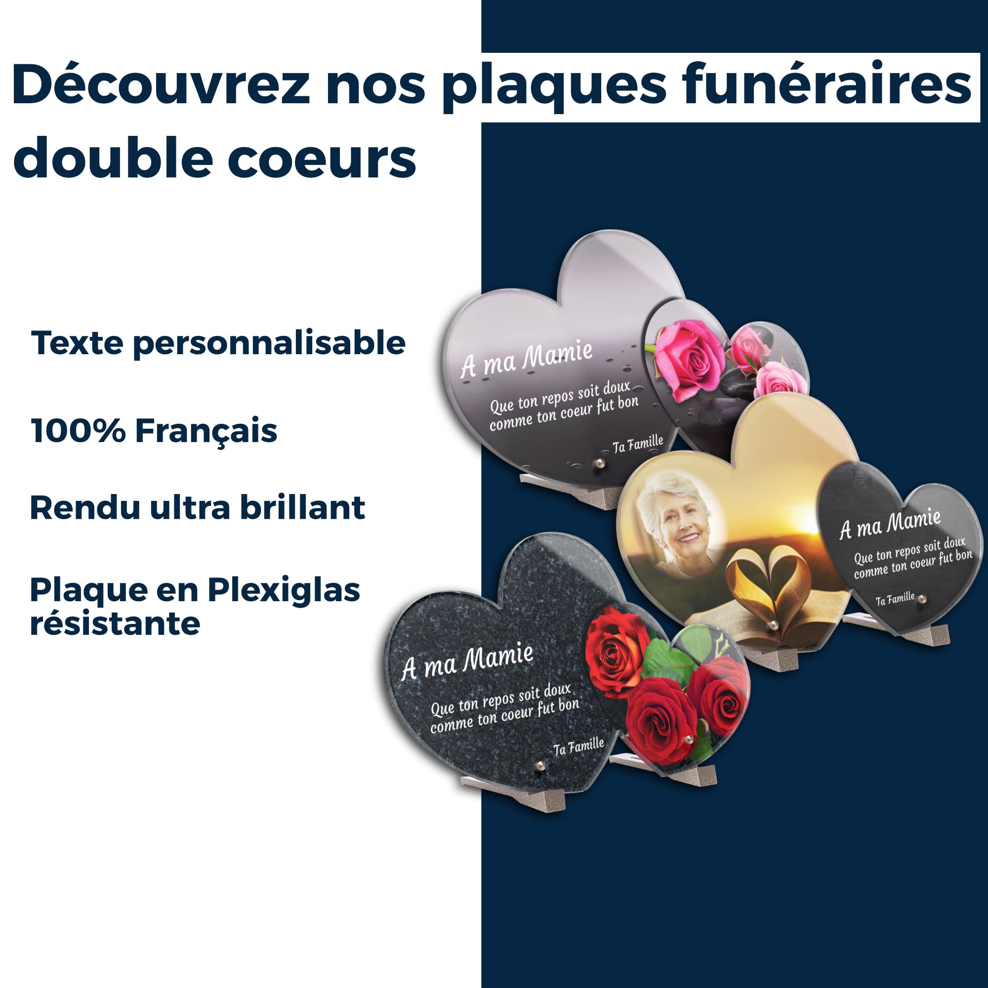 Plaque Funéraire Double Coeur Personnalisée - Galets - Plaque funéraire Altuglass avec Textes Personnalisables, Photo - Résistante aux Intempéries et Traitée Anti UV (30x17,5 cm (Standard