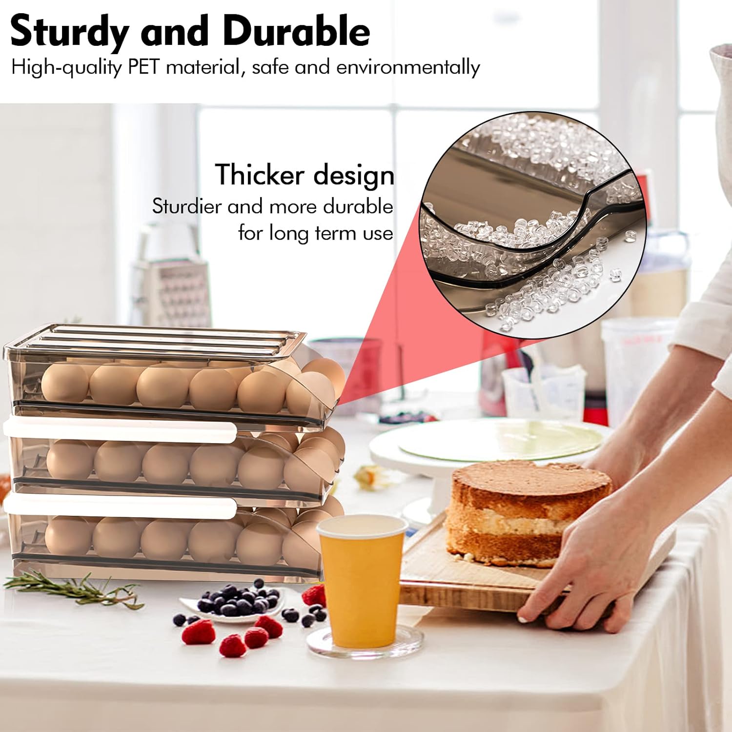 Large Capacity Egg Holder for Refrigerator, Auto Rolling Egg Container with Lid, Stackable Egg Organizer Holds 54 Eggs, 3-Layers, Translucent Brown