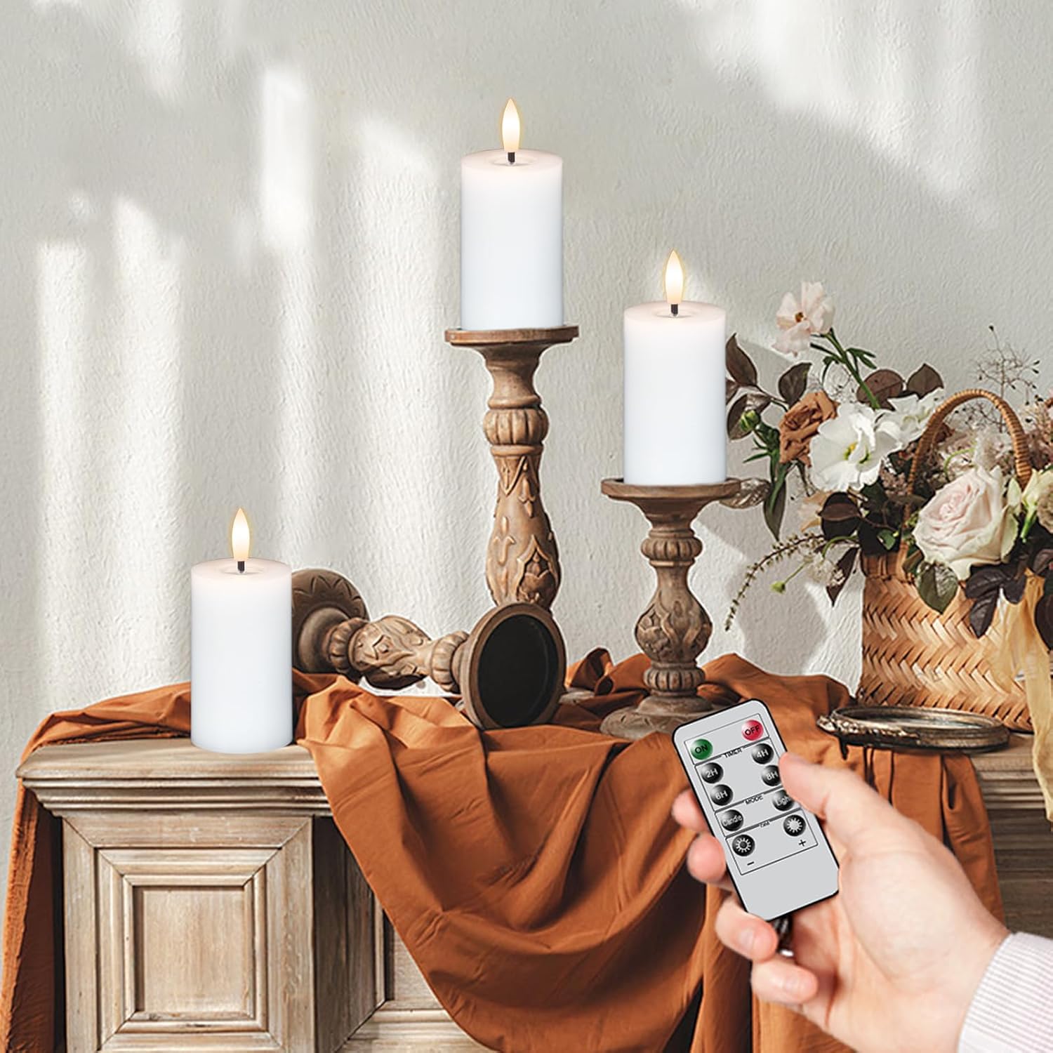 Eldnacele Flameless Pillar Flickering Candles With Remote and Timer - Battery Operated 3D Wick Real Wax LED Set of 6 White - Christmas Holiday Decor Wedding Home Indoor Decorations