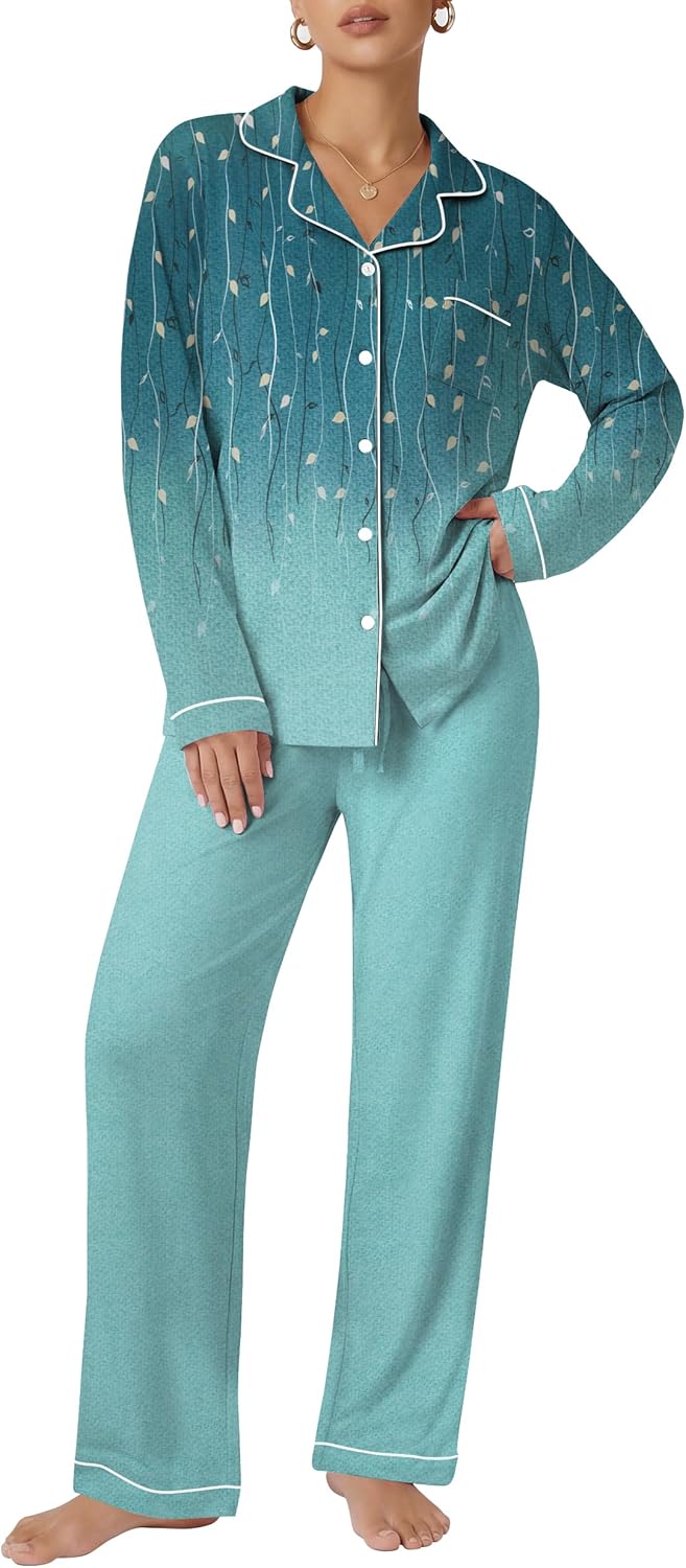 Ekouaer Pajamas Women's Long Sleeve Sleepwear Soft Button Down Loungewear Pjs Lounge Set Nightwear XS-XXL
