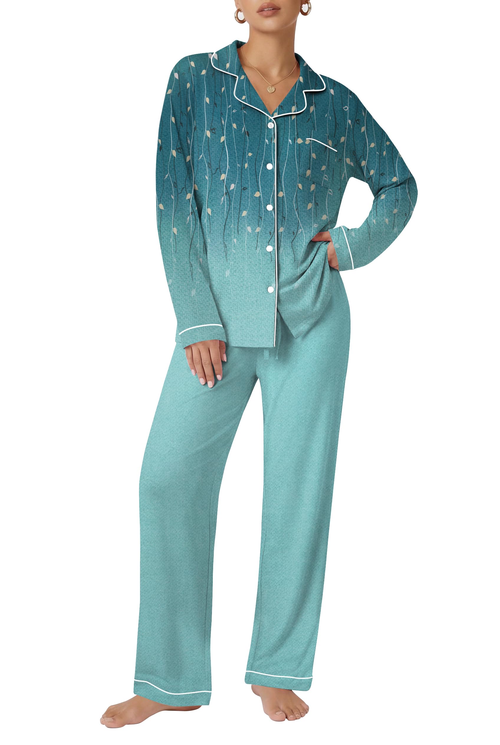 Ekouaer Pajamas Women's Long Sleeve Sleepwear Soft Button Down Loungewear Pjs Lounge Set Nightwear XS-XXL