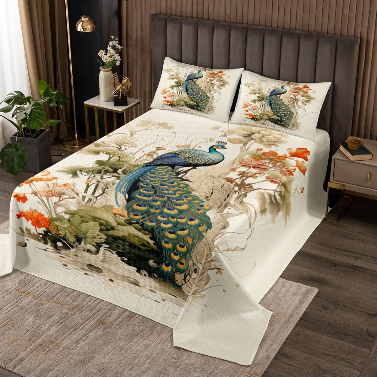 Homewish Vintage Flower Bedding Set Twin Size,Elegant Peacock Bedspread for Kids Boys Girls Room Decor,Peacock Feather Quilt 2Pcs,Wild Animal Nature Floral Retro Beige Coverlet Set,1 Pillowcase