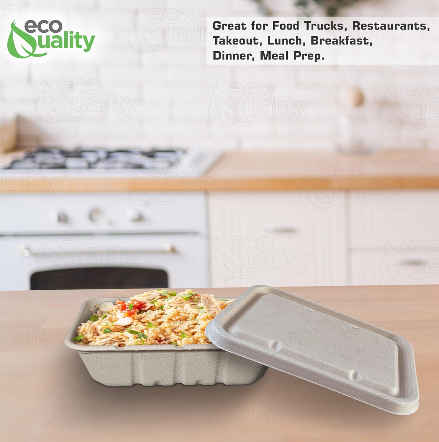 EcoQuality 40oz Disposable Bowls with Fiber Lids - Rectangular Compostable Sugarcane Fiber Biodegradable Paper Bowls Eco-Friendly Take Out Food Storage Containers, Microwave Safe, Meal Prep (50 PACK)