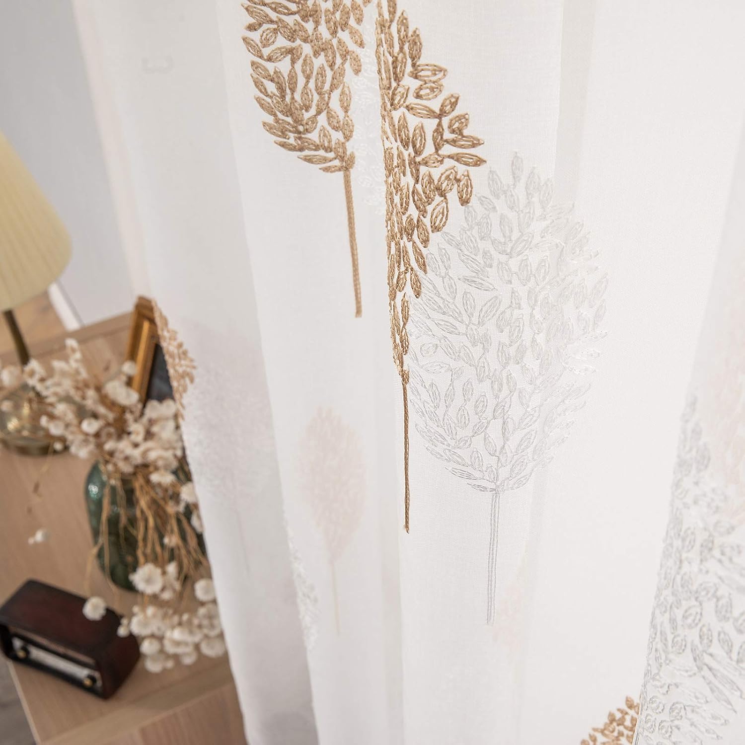 MIULEE Leaves Embroidery Sheer Curtains Grommet Window Curtain Semi Voile Drapes Panels with Eyelets Window Treatments for Living Room Bedroom Big Leaves Brown 2 Panels 55" W x 96" L - Image 4