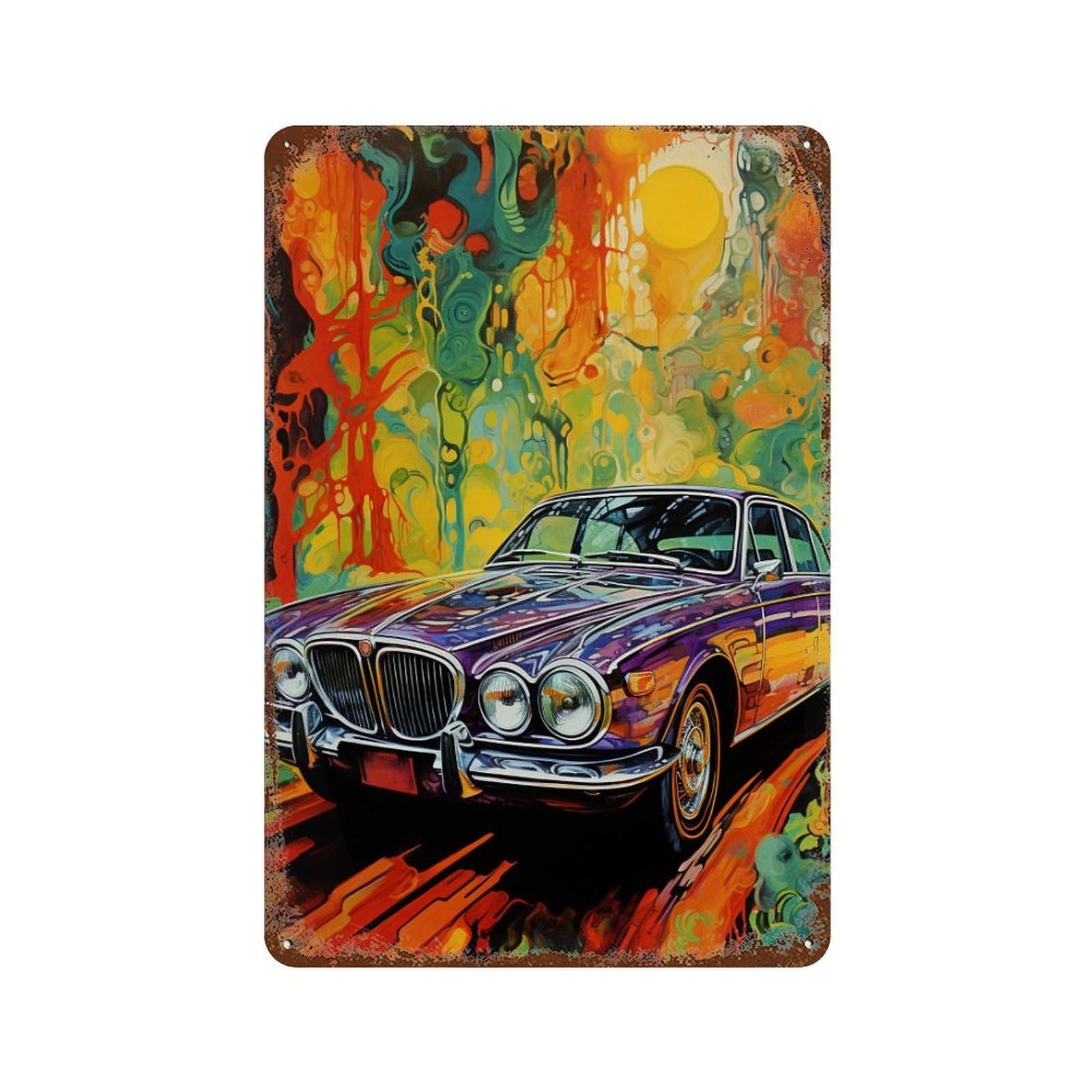 Vibrant Car Artwork Decorative Tin Sign 11.8"x7.9", Rustic Home Decor for Cafe, Home Bar And Lounge Decor