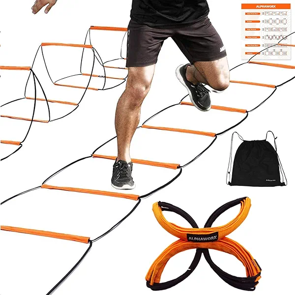 ALPHAWORX Agility Ladder, Agility Training Equipment, Soccer Speed Ladder, Football Footwork Ladder, Workout Ladder for Kid Adult, Foldable Instant Set-up & Tangle-Free & Carry Bag(4/8/8+4/12 Rung)