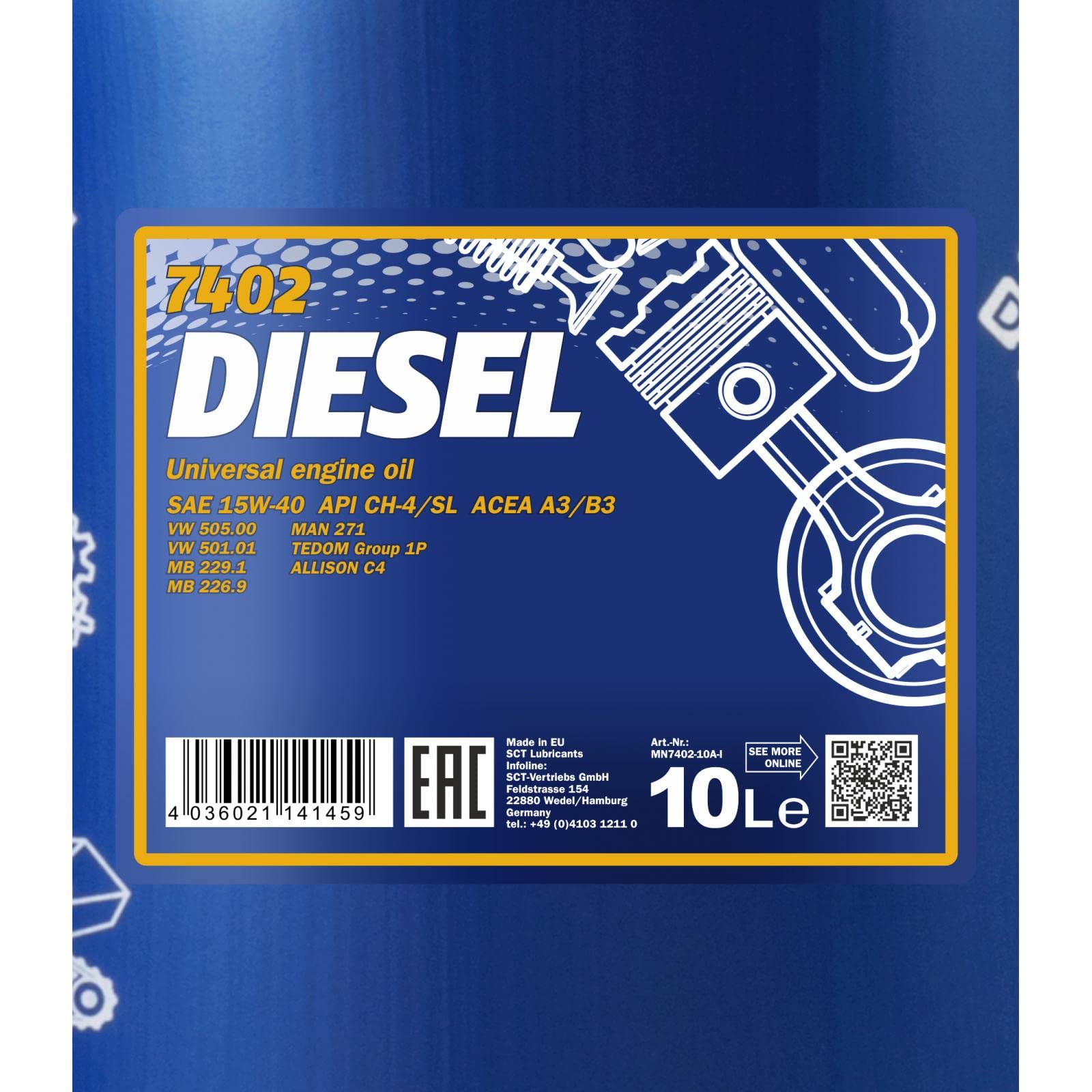 MANNOL Aceite de motor 15W-40 DIESEL Aceite mineral ACEA E2 ACEA A3/B3 ACEA A2/B2 API CG-4 API CF API SL 10L Compatible con TOYOTA AYGO WNB1, KGB1, SKODA Fabia II Combi 545, SUZUKI SWIFT III MZ, EZ