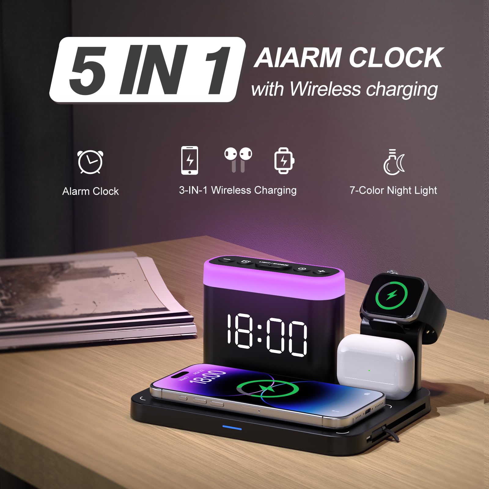 ANJANK Caricatore Wireless Magnetica, 3 in 1 Stazione di Ricarica Wireless con Sveglia, 7 Luci Notturne, Dock di Ricarica per iPhone 16 15 14 13 12 11 Pro Max Plus,Apple Watch10/9/8/7