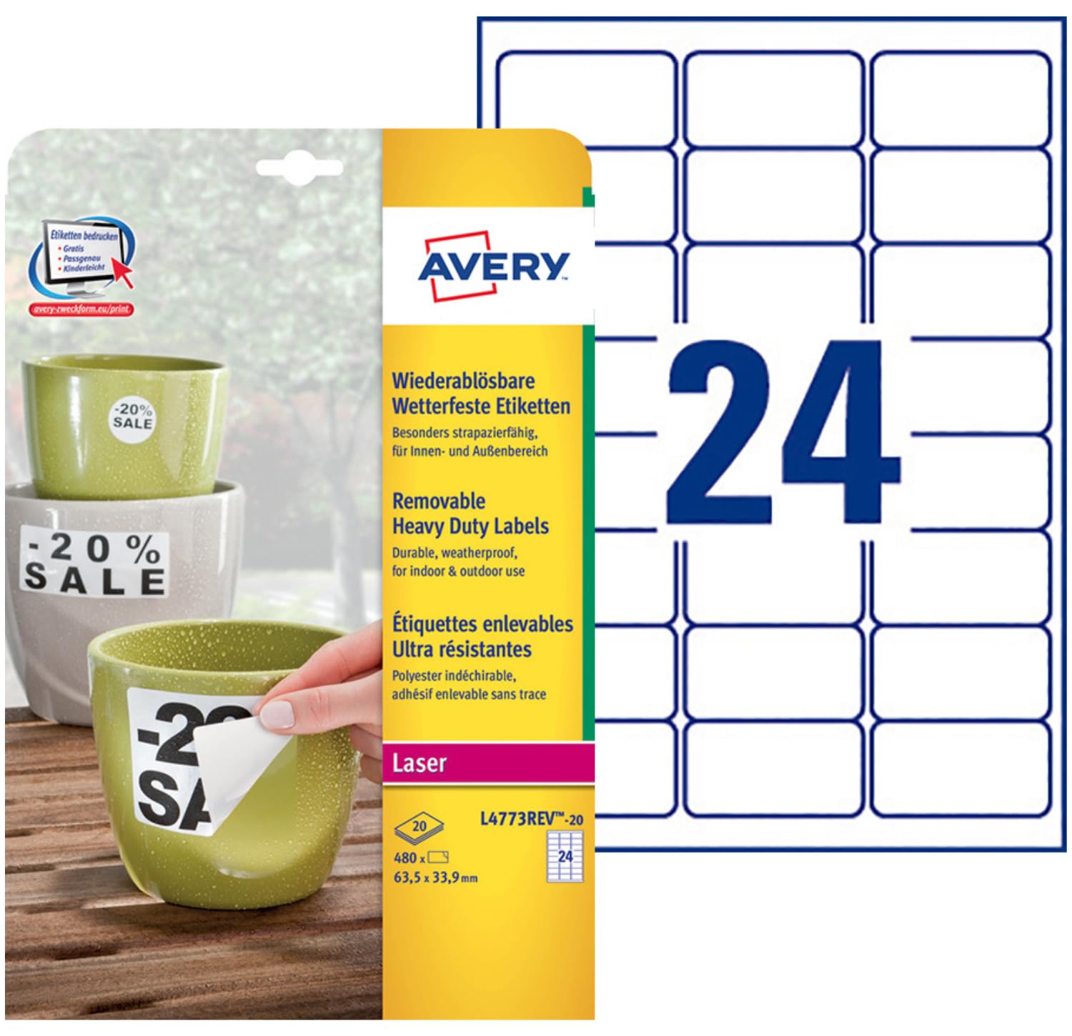 AVERY - 480 Étiquettes Ultra-Resistantes Amovibles Personnalisables Polyester - Format 63,5 x 33,9 mm - Impression Laser