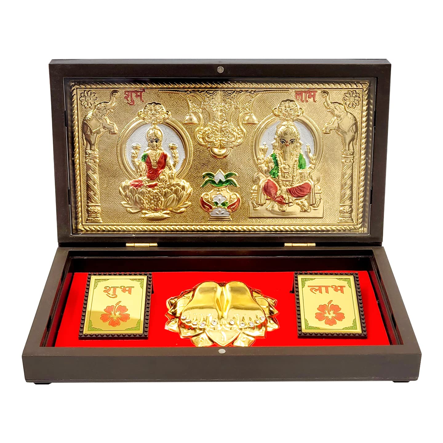 Lakshmi Ganpati with Kalash Gold Plated Photo Frame with Charan Paduka Pocket Temple for Diwali Gift,House Warming Gifts Return Gift Puja Box (Laxmi Ganpati Kalash)