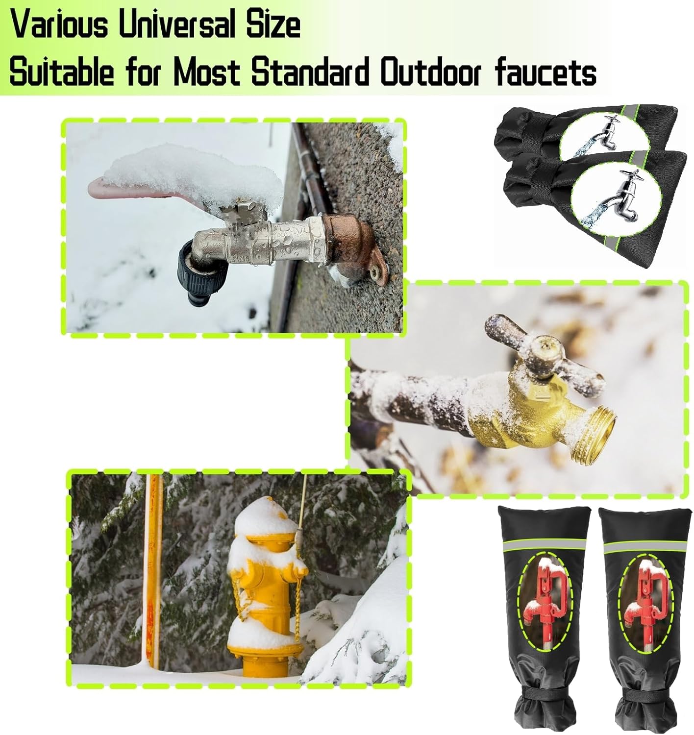 BKACK AND GREEN 2 Pack Outdoor Faucet Covers for Winter, 8.2 W x 20 H Outside Yard Hydrant Protector Socks Winter, Insulated Hose Bib Protector Cover, Spigot Pipe Cover Freeze Protection Black