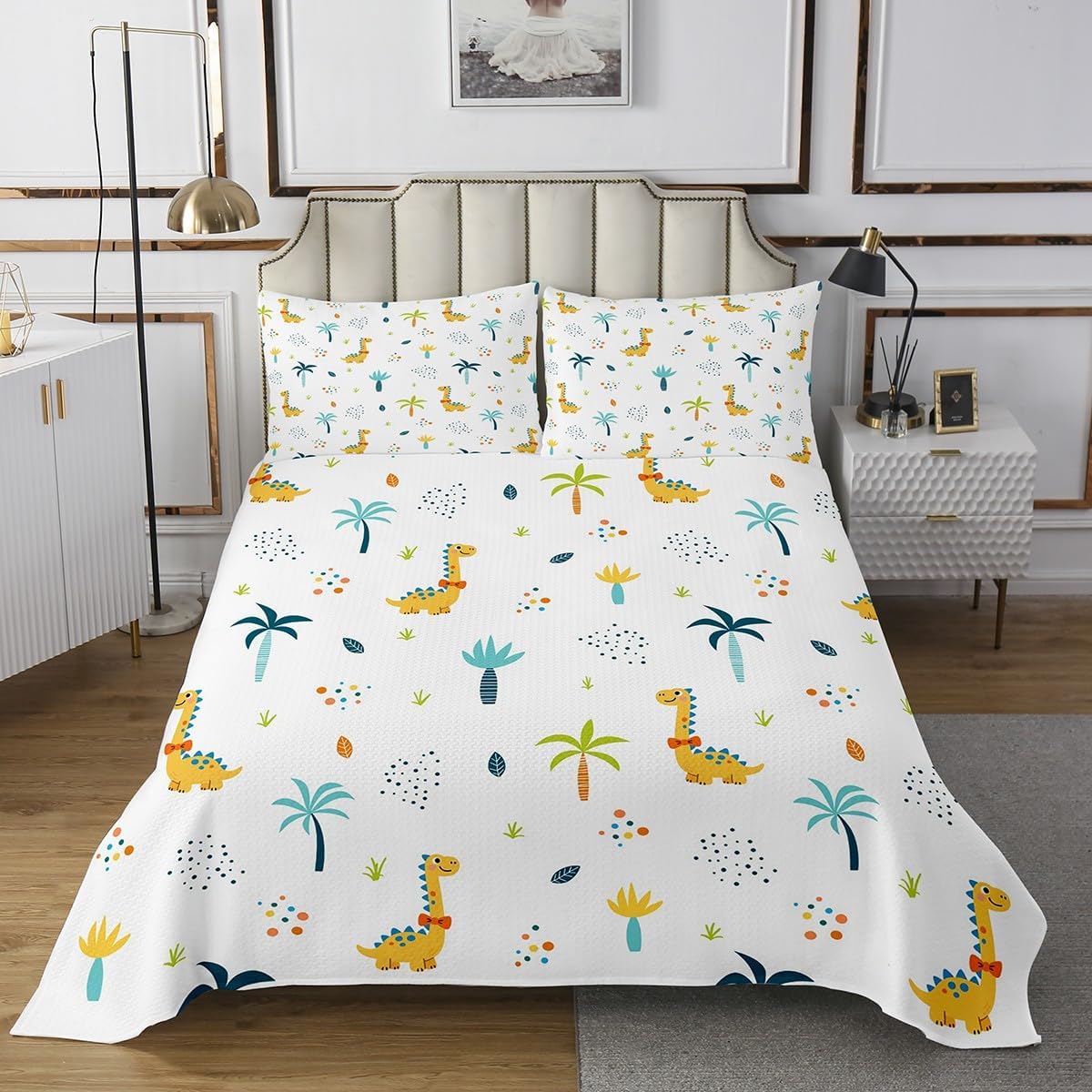 Homewish Cute Dinosaur Bedspread Twin Size Cartoon Wild Animals Bedding Quilt Palm Tree Leaves Colorful Dots Coverlet Set for Kids Girls Boys Teens Room Decor Tropical Plants Boho Comforter Set 2Pcs