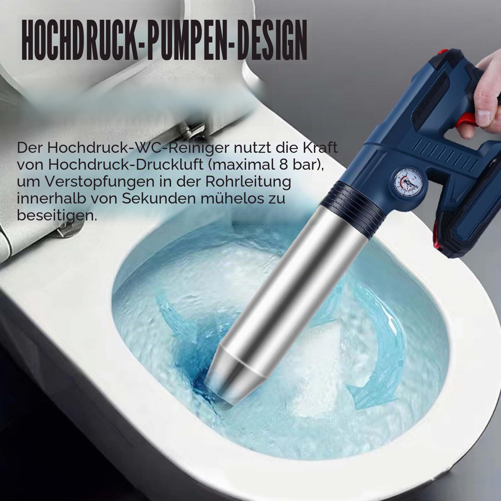 Elektrischer Toilettenkolben, Pressluft Rohrreiniger Toiletten Pömpel Edelstahl Toilettenkolben Kit mit Luftdruckanzeige und 4 Gummiadapter Abfluss Entblocker für Bad Küche Toiletten Bodenablauf