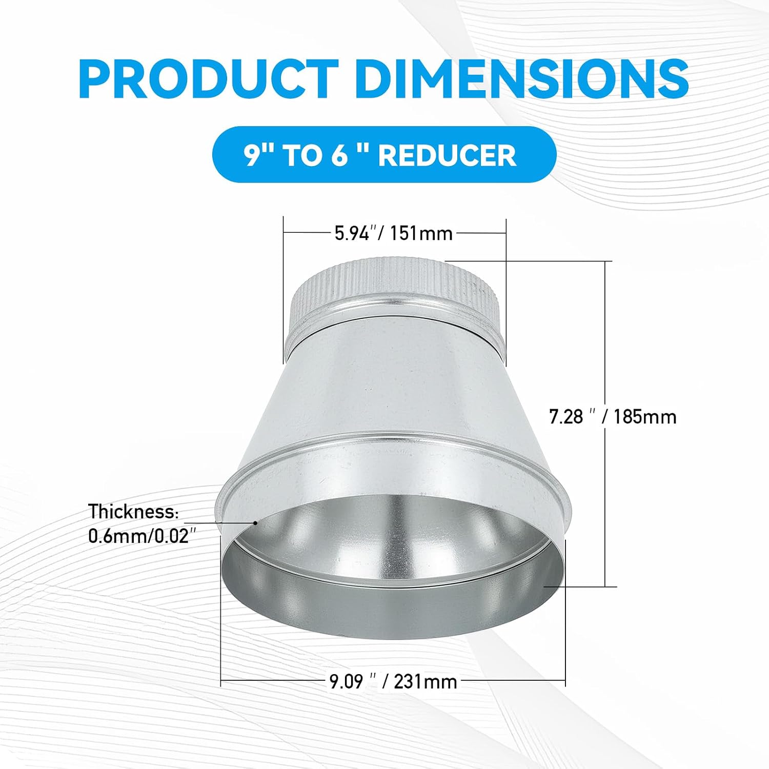 Duct Reducter 9" to 6" Inch Air Ducting Reducer Increaser Air Duct Adapter or Round Metal Pipe Reducer for Bathroom Kitchen Ventilation Systems