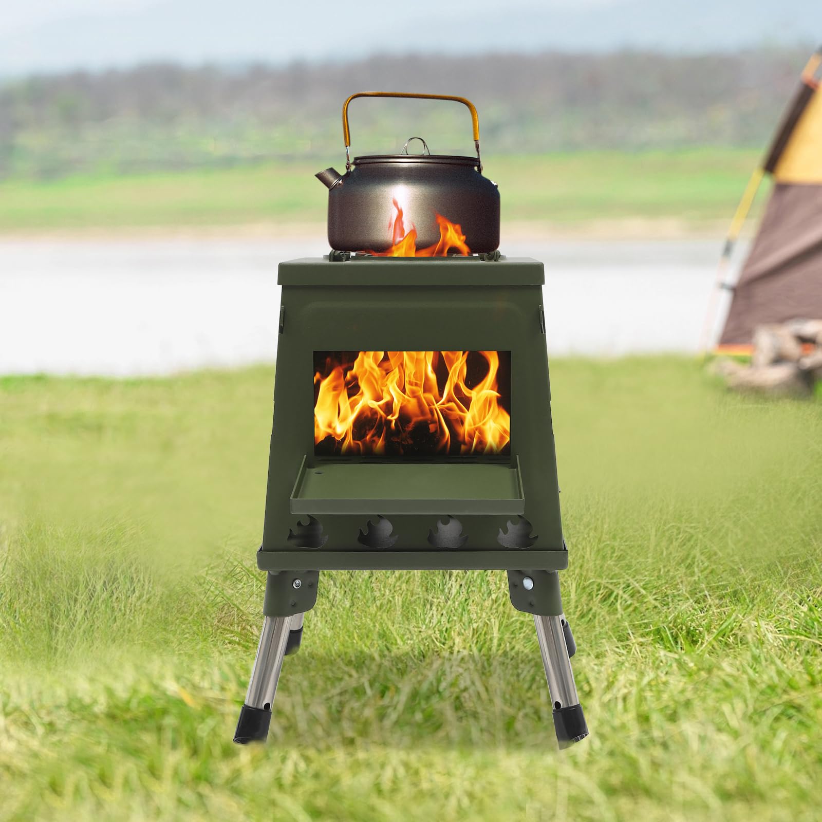 Réchaud de Tente Portable à Bois pour Camping - Mini Poêle pour Cuisiner et Chauffer Avec 16 Aérations