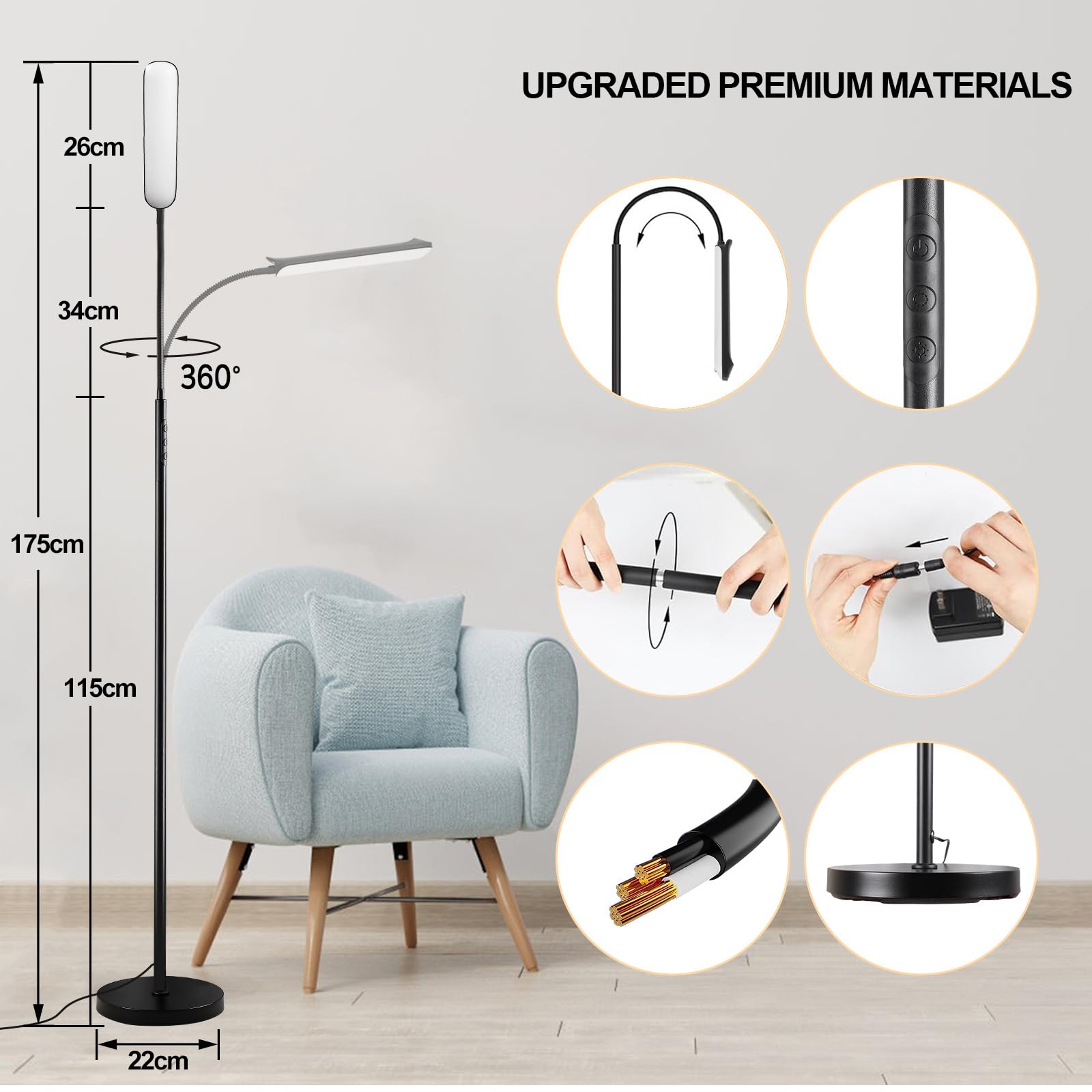 Marctronic Lampadaire LED sur Pied 18W 1800LM avec Variateur Télécommande et Contrôle Tactile, Noir