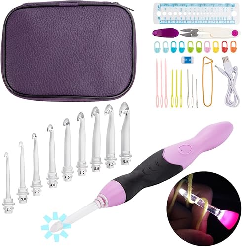 BCMRUN Juego de ganchos LED de ganchillo, 9 cabezales intercambiables con luz, agujas de tejer, accesorios de herramientas de costura con estuche