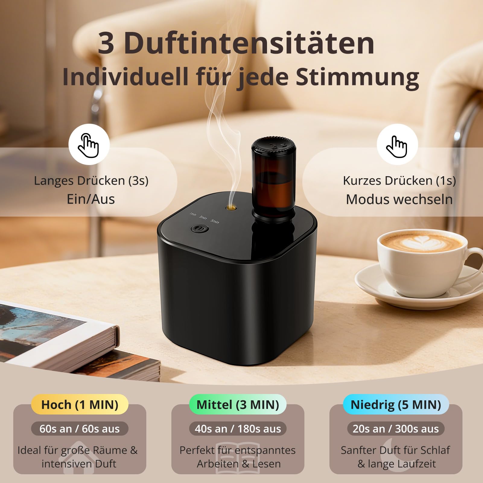 Diffuseur d'huiles essentielles sans fil - Diffuseur d'aromathérapie avec 10 ml d'huile de thé blanc et 3 modes de pulvérisation, air froid ultrasonique silencieux, batterie 2000 mAh et USB-C pour la