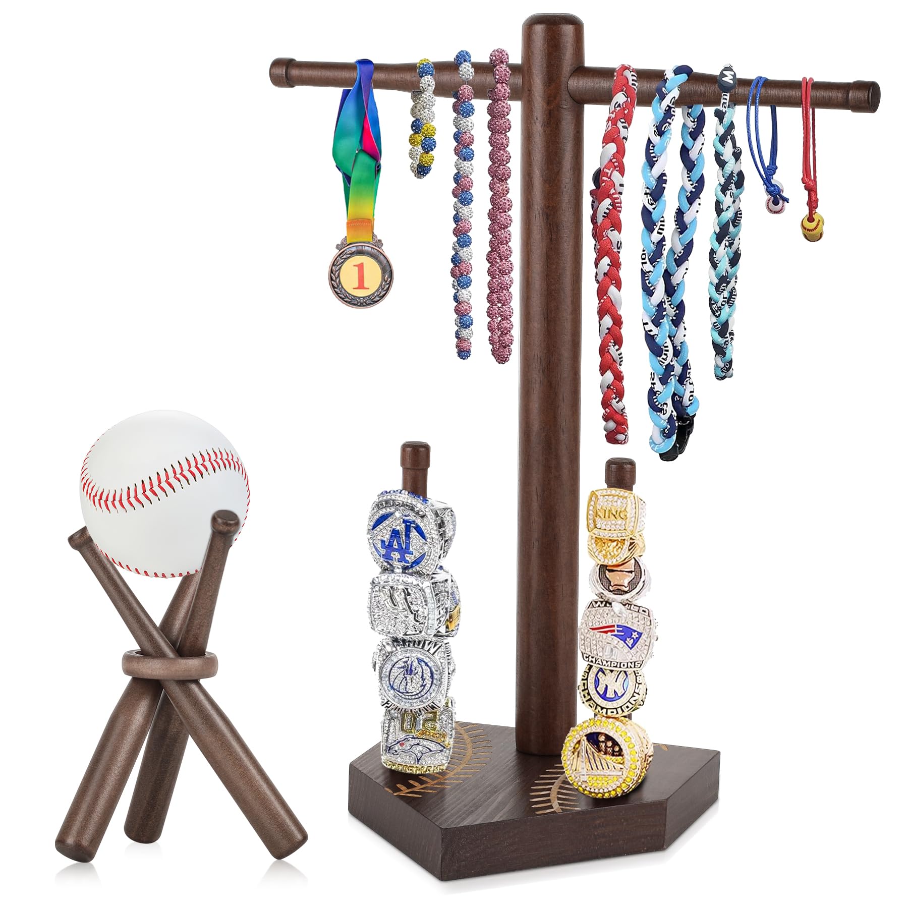 ASTROLIN Baseball Ring Drip Necklace Holder Wooden Baseball or Softball Ring Display Holder with Baseball Stand Baseball Accessories