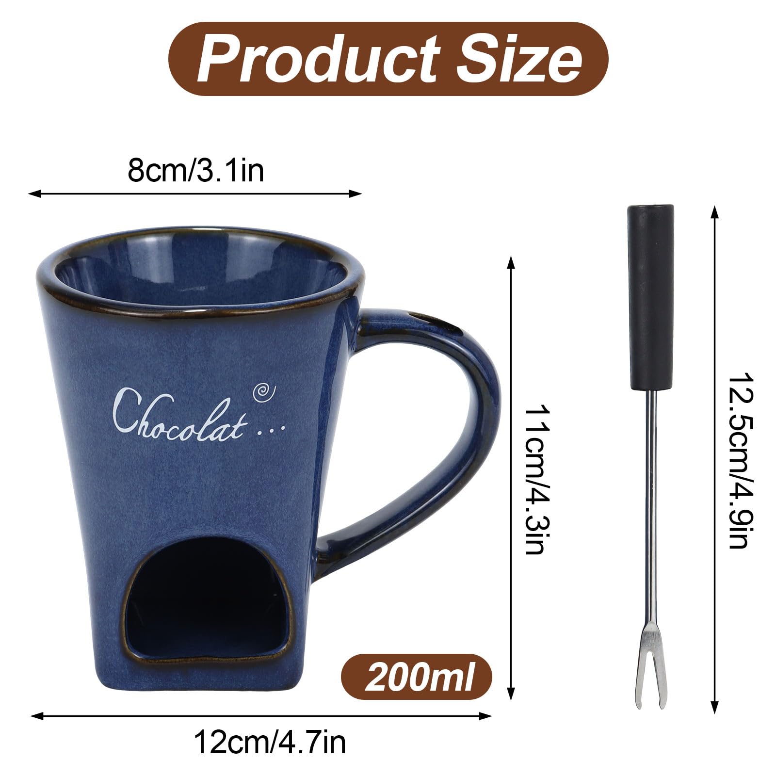 Taza de fondue de chocolate, 130 ml, de cerámica, para fondue de chocolate, juego de vasos con tenedor, juego de fondue de chocolate multiusos para chocolate, queso, mantequilla, caramelo