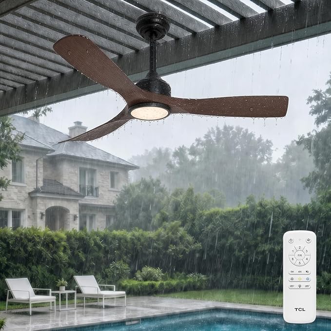 TCL Waterproof Ceiling Fan with Lights: 52 Inch 3 Blade Ceiling Fan with Remote Control, Quite Reversible DC Motor, 6 Speed, Noiseless, Downrods Ceiling Fans for Outdoor (Black + Walnut, 52inch)