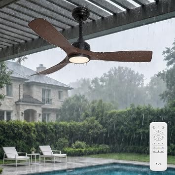 TCL Waterproof Ceiling Fan with Lights 52 Inch 3 Blade Ceiling Fan with Remote Control, Quite Reversible DC Motor, 6 Speed, Noiseless, Downrods Ceiling Fans for Outdoor Black + Walnut, 52inch