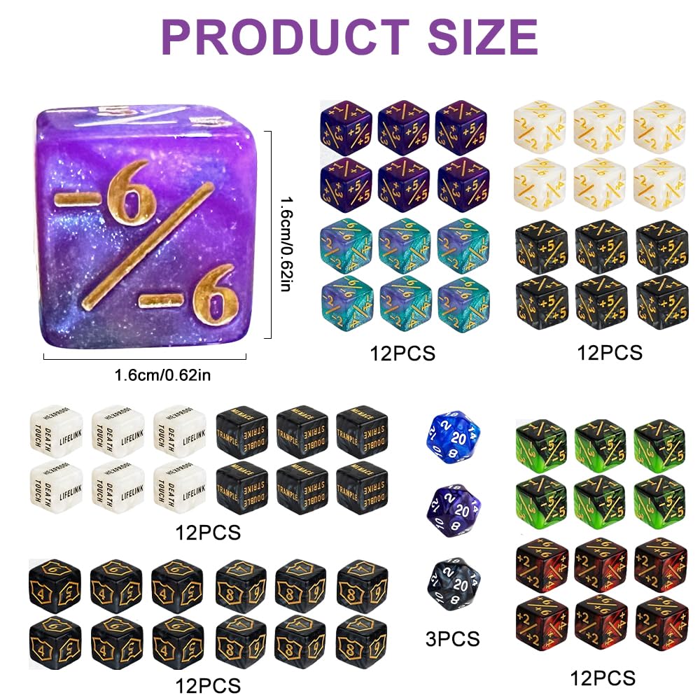 Contatore cubo, compatibile con MTG, 63 pezzi accessori per gioco di carte, contatore AbilityKeyword, 1/+1 contatore di vita, dadi D6, MTG TCG Cube Magic per accessori con custodia