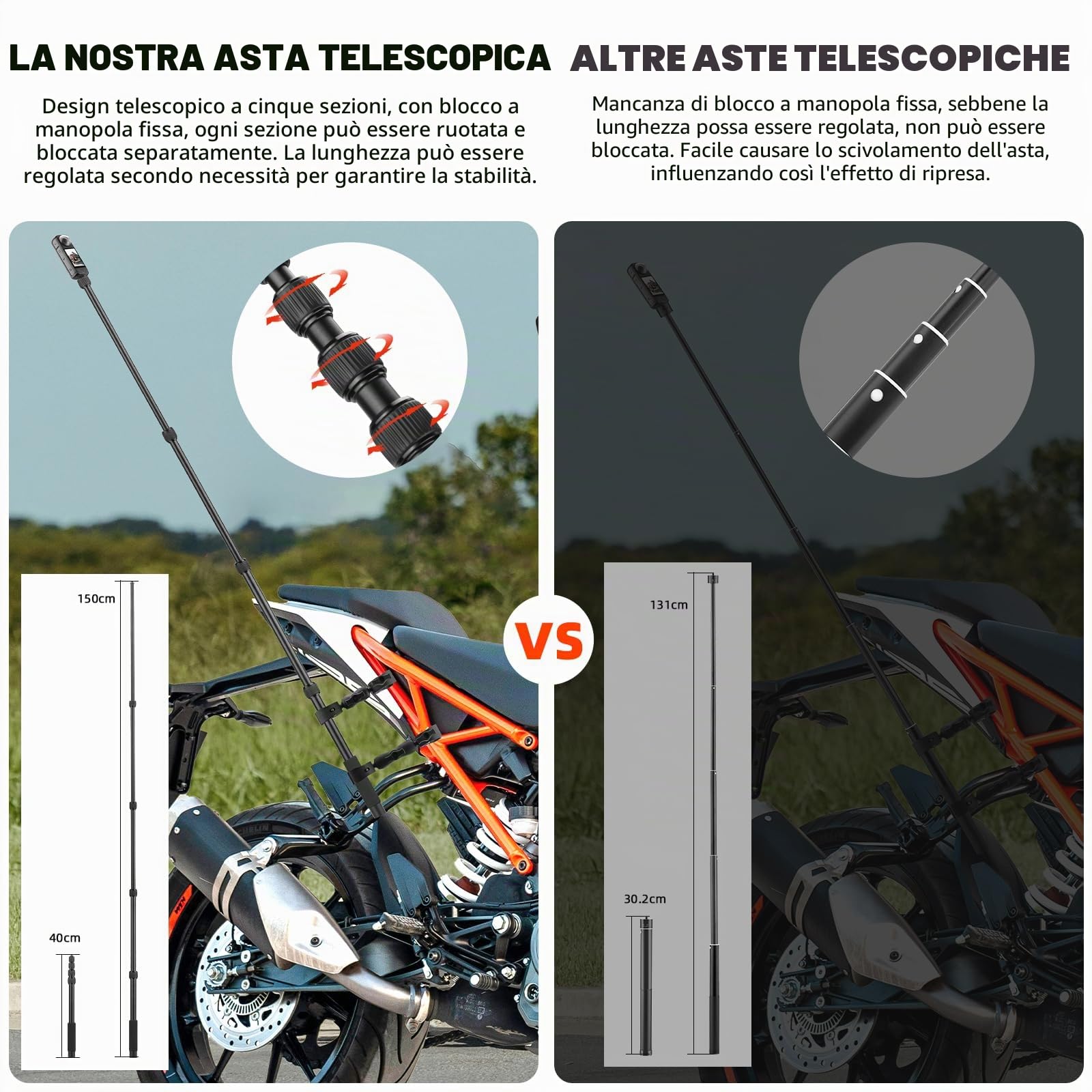 BRDRC Supporto per moto per Insta 360 X4 X5, supporto di serraggio per manubrio di bicicletta, kit di bastone per selfie invisibile da 150 cm per Insta360 X5 X4 X3 X2 X One, per DJI OSMO 360, per