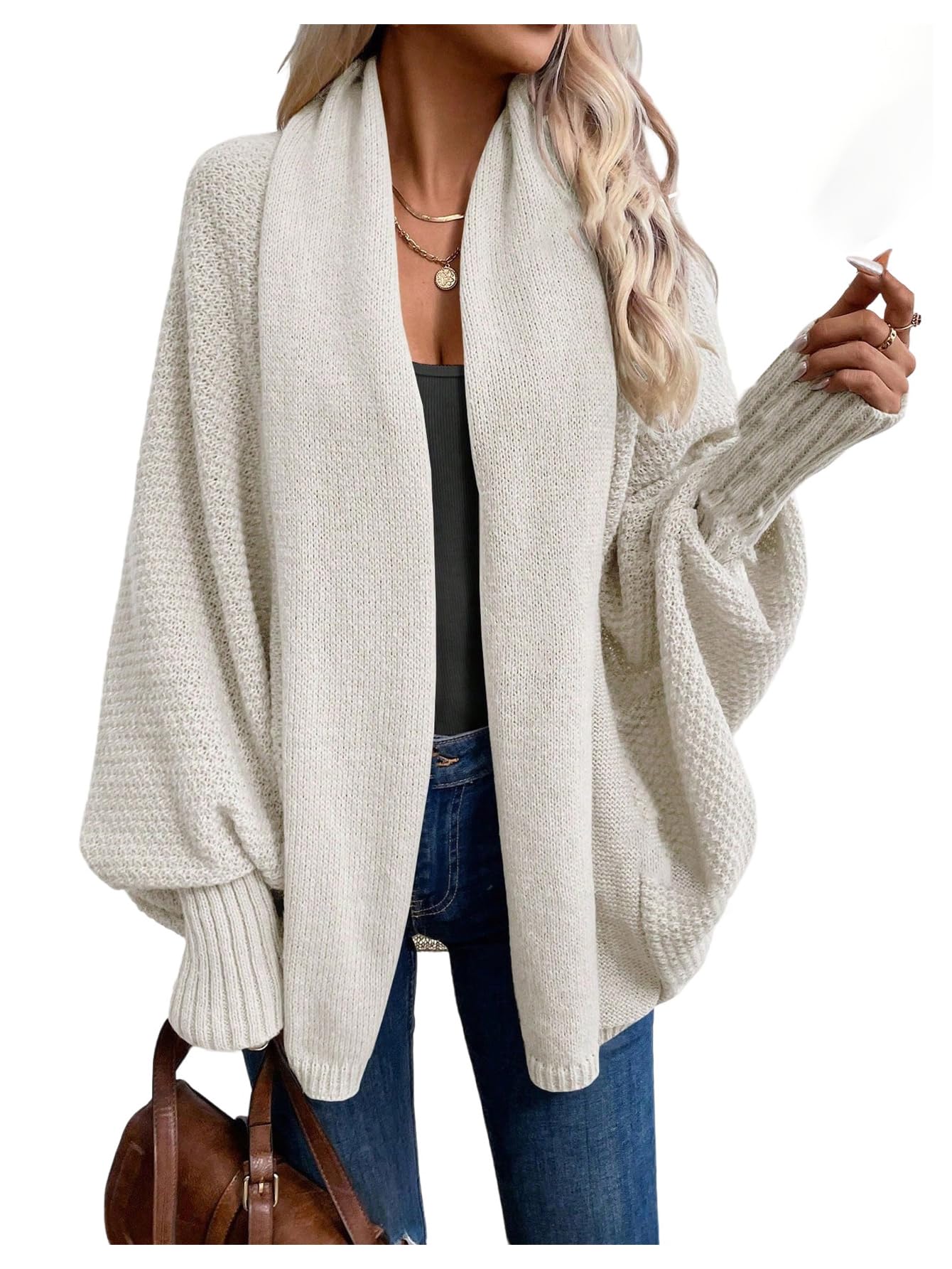 MakeMeChic Womens Casual Open Front Long Sleeve Chunky Knit Cardigans Sweaters Outerwear Coats Grey Medium