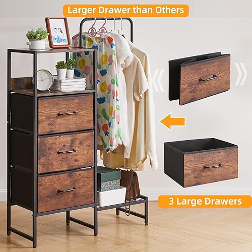 Miniatura 5 de Perchero de 44 pulgadas de alto con 3 cajones de tela, perchero de 4 niveles, perchero con estante para zapatos y estantes para espacios pequeños,