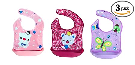 THE LITTLE LOOKERS Waterproof Washable Plastic Printed Baby Bib Apron/Double Layered PVC for Fast Drying with Snap Button & Removable Tray/in Cute Attractive Prints (0-3years) (Pack of 3)