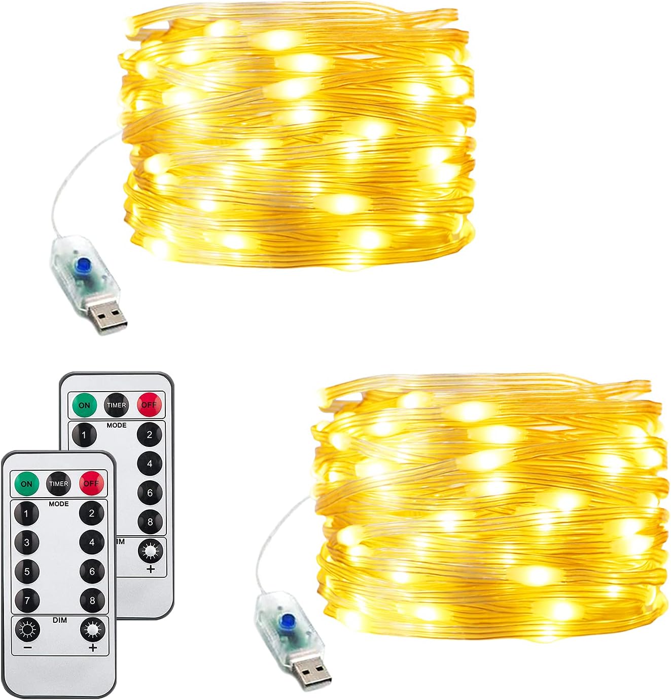 LIGHTOP Christmas Lights Outdoor String Lights 2pack 33FT/100LED 8 Modes USB Power Remote Control Waterproof Indoor Fairy Lights for Garden Camping Party Decor (Warm White)