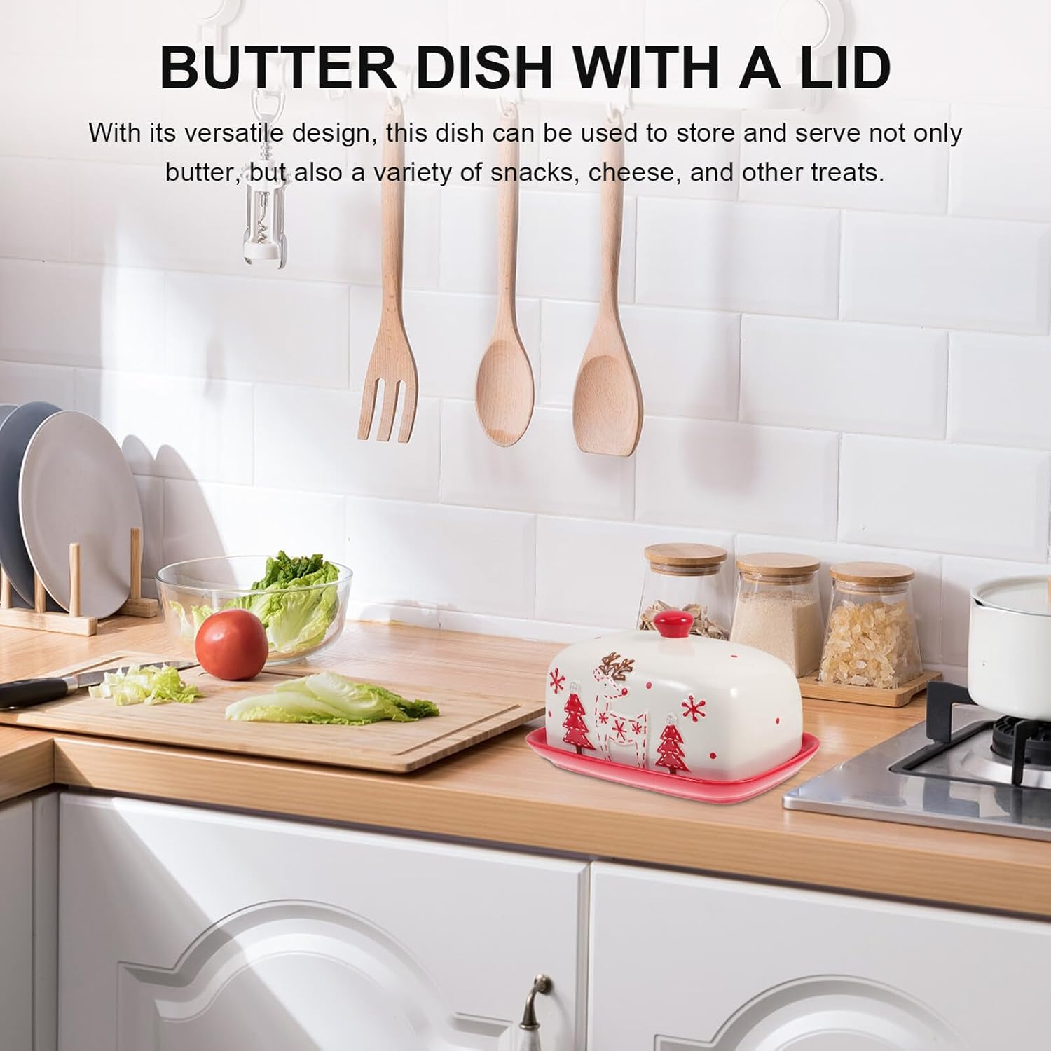 NUOBESTY Christmas Ceramic Butter Container with Lid Butter Box for Counter Kitchen for Home Party Restaurant Use