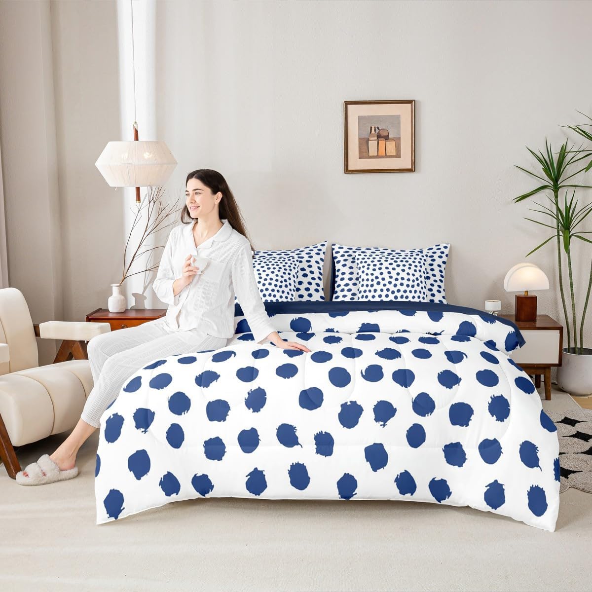 Erosebridal Boys Dots Bed in A Bag 7 Pcs Queen Size Polka Geometric Bed Set for Kids Men Brush Stroke Boho White Navy Blue Comforter Set Lightweight Sheet Set