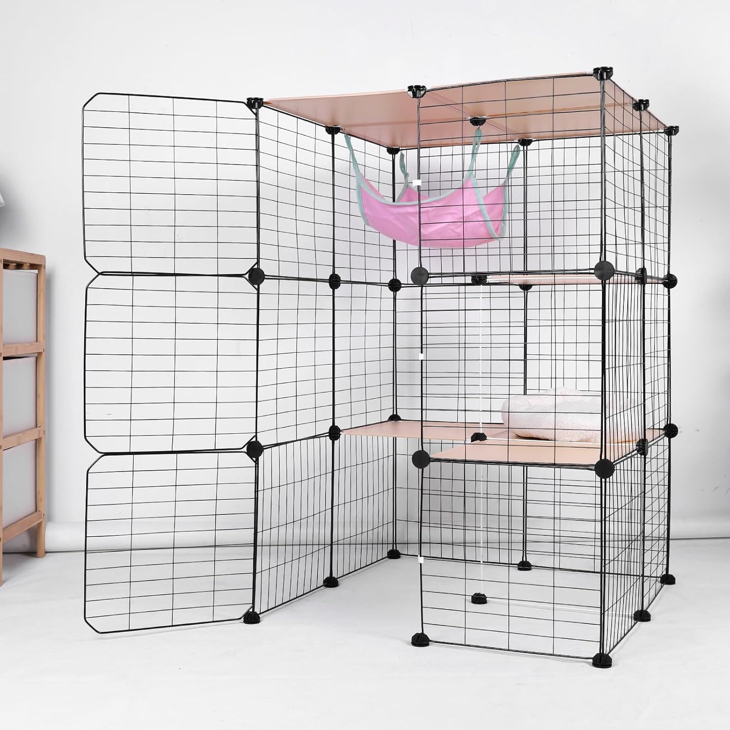 3-Tier DIY Catio Cat Cage Indoor Outdoor, Large Cat Enclosure with Hammock & Detachable Metal Wire, 27.5"x27.5"x41.3" Pet Playpen for 1-3 Cats