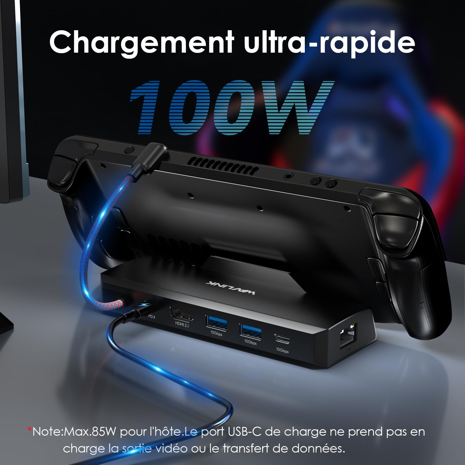WAVLINK Steam Deck Dock, Station d'accueil 6-in-1 pour Steam Deck/ROG Ally avec HDMI 2.1 4K@144Hz, 100W PD in, 3X 10G USB 3.2, Gigabit RJ45