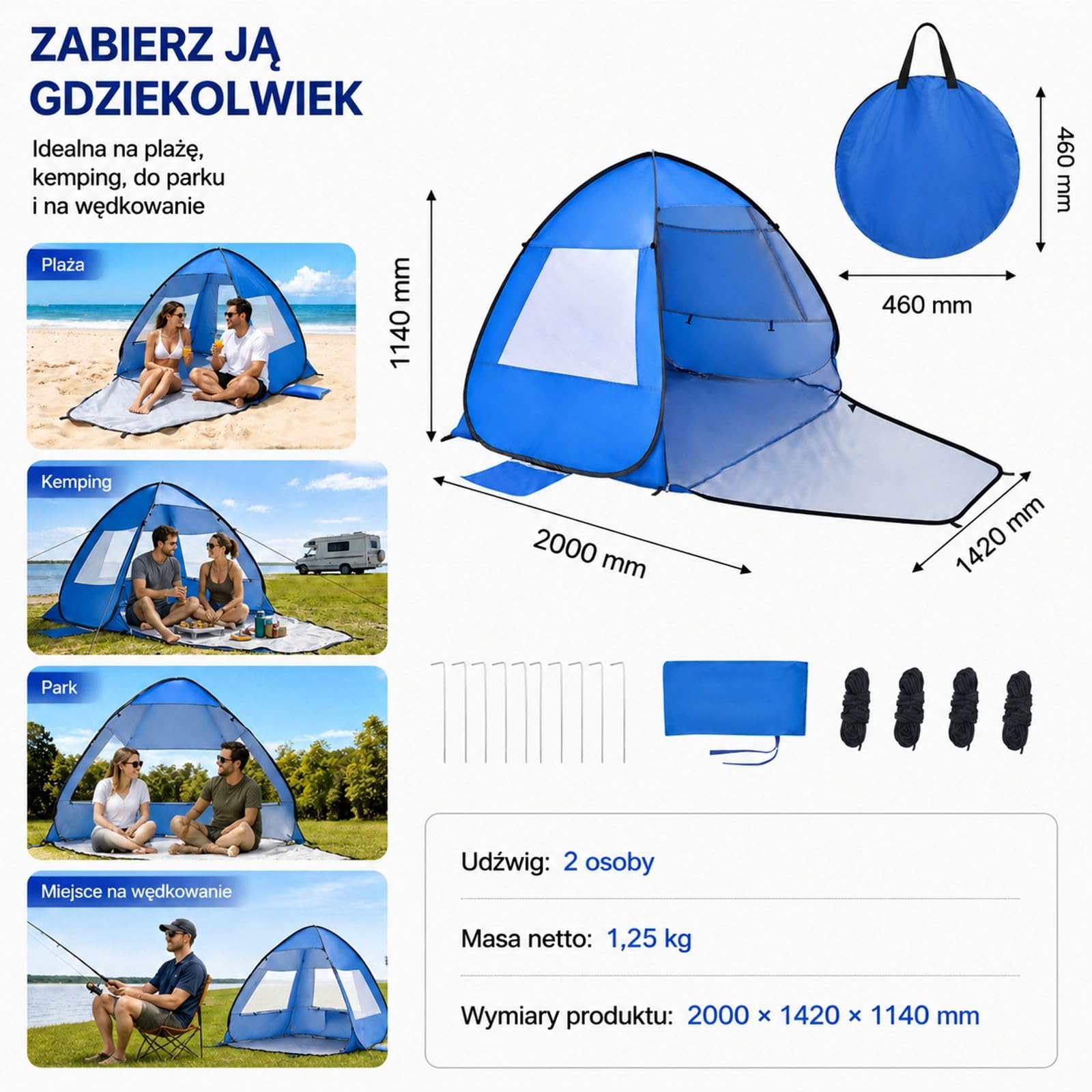Przenośny namiot plażowy dla 2 osób z torbą transportową, metalowymi słupkami, na kemping, wędkowanie, piknik