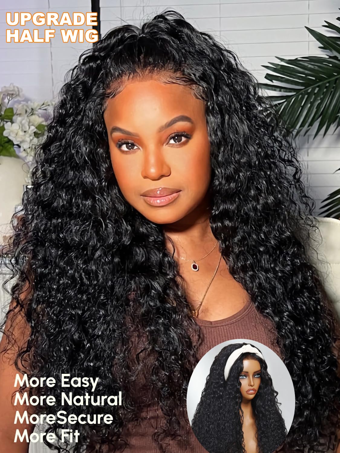 Julia Hair Glueless Half Drawstring Wig Human Hair Water Wave Blend Secure Wear and Go 12A Clip in Half Wig Wear with or Without Headband Wigs Human Hair for Women Beginner Friendly 18 Inch