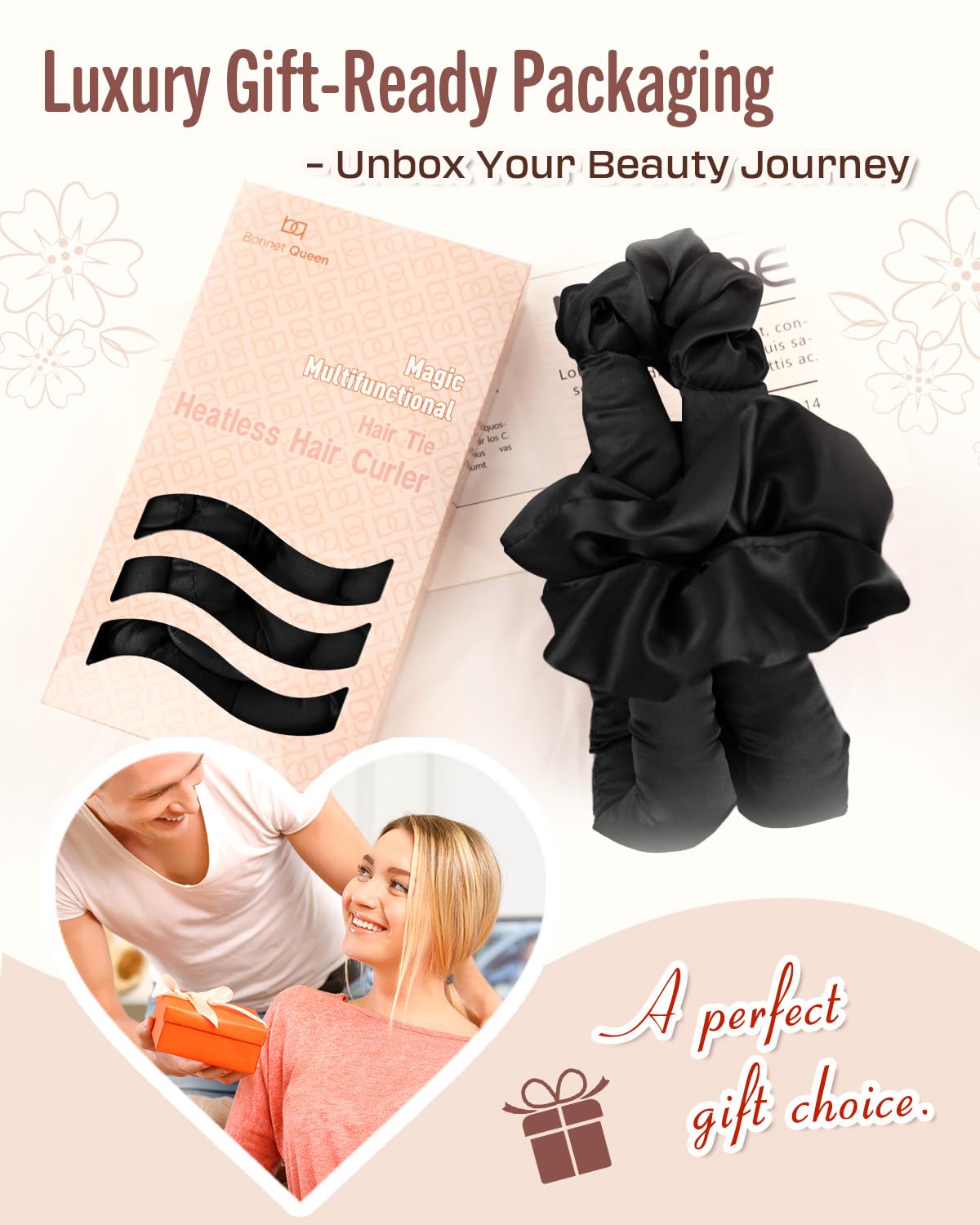 BONNET QUEEN Polifunzionale Bigodini Morbidi per Dormire, Arricciacapelli Senza Calore per la Notte, Satin Bigodino Lungo per Boccoli, Heatless Curls Hair Curler con 3 Scrunchies, Nero