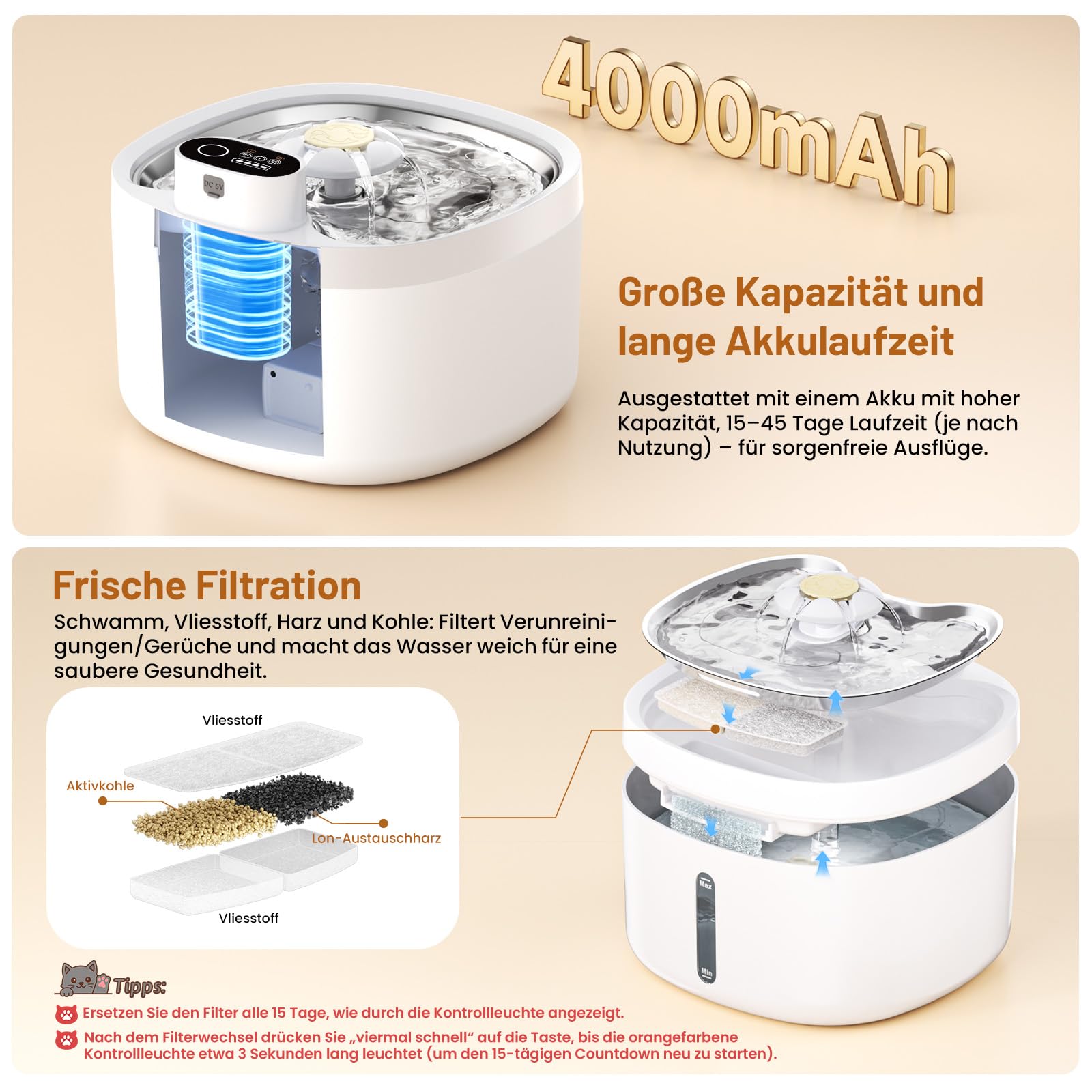 Katzenbrunnen, 2.6L Trinkbrunnen für Katze mit 4 Filter, Leise Katzenbrunnen Kabellos mit Bewegungsmelder, 4000mAh Batteriebetrieben Katzentrinkbrunnen, Tablett aus Edelstahl für Katze - BPA-Frei